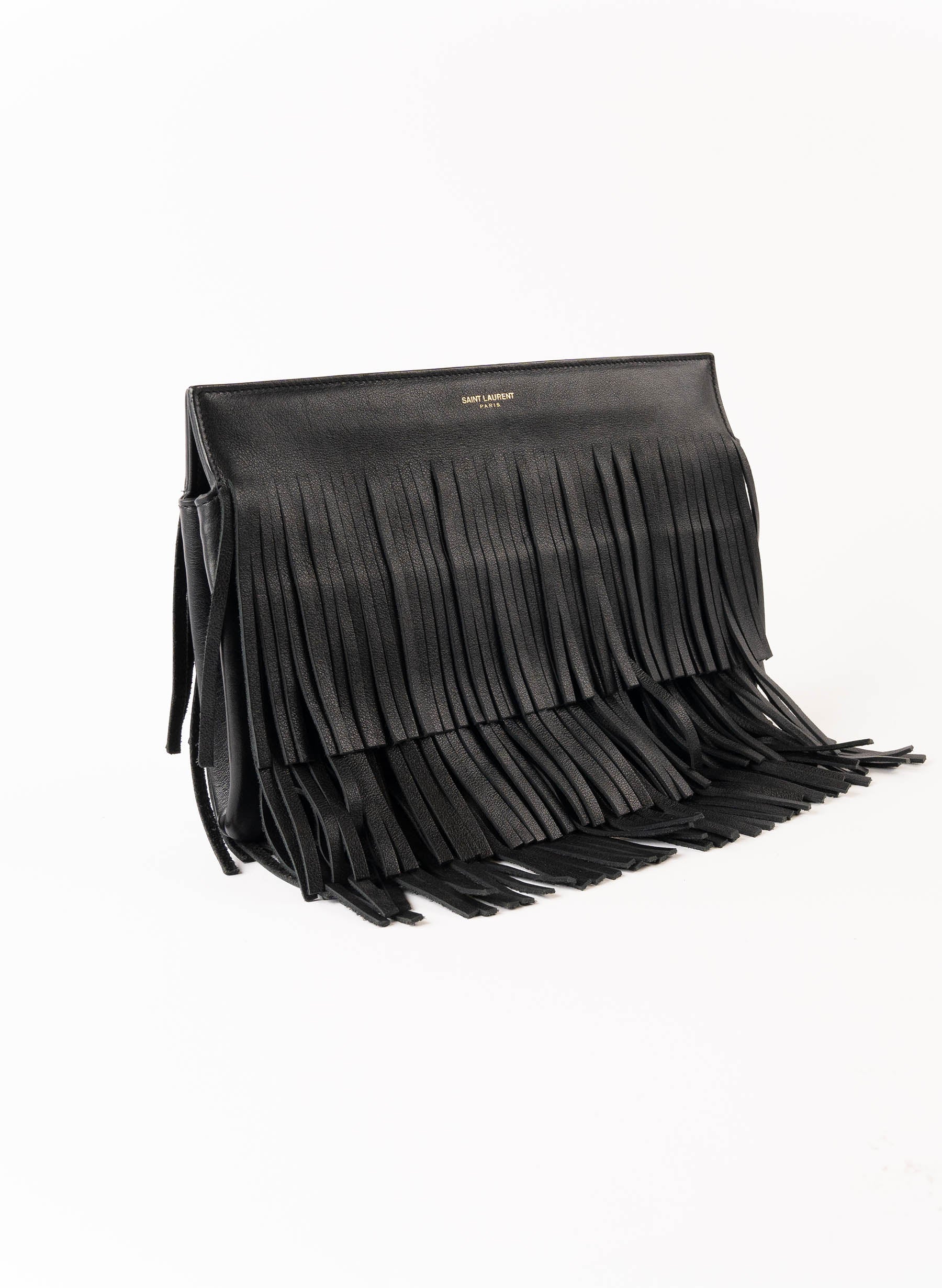 Pochette à franges en cuir Saint Laurent