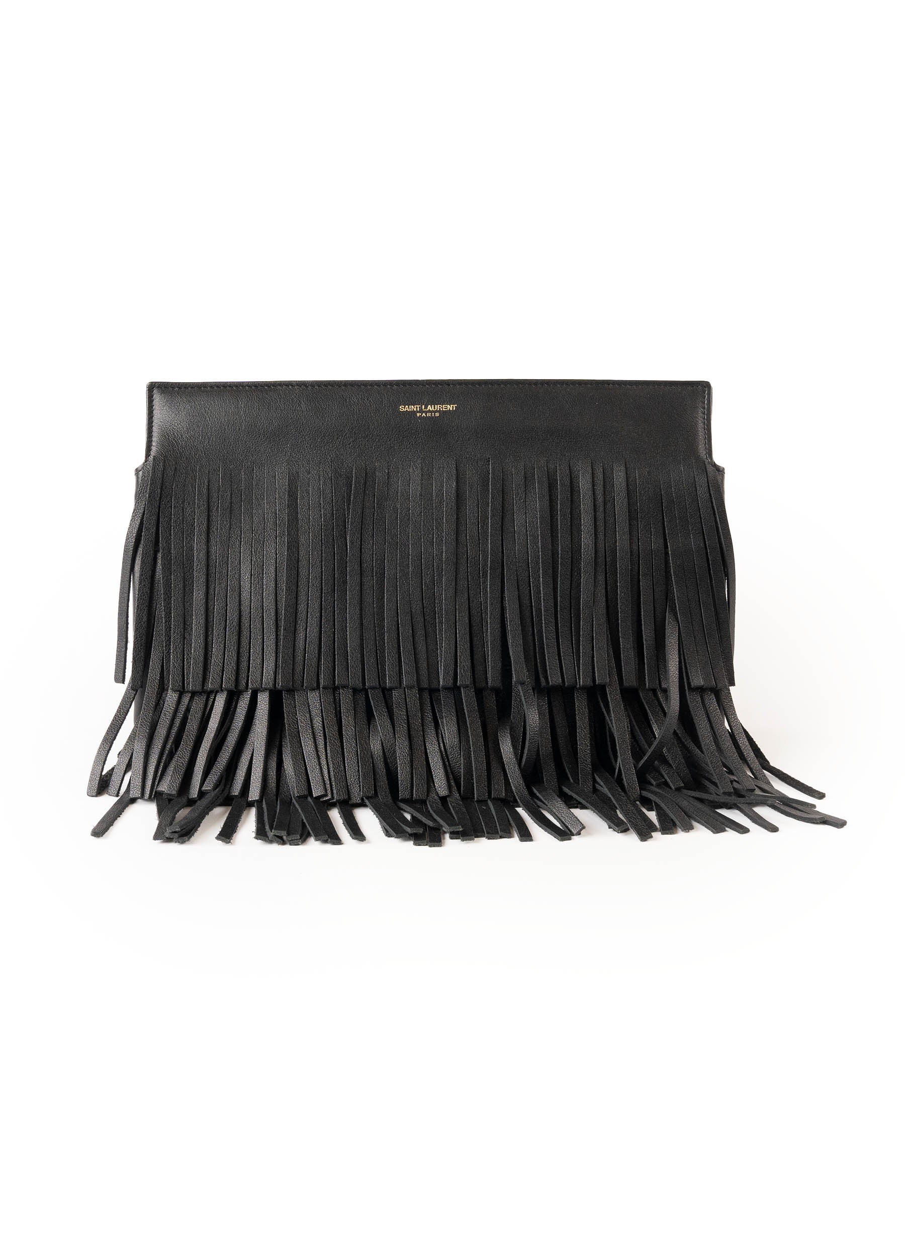 Pochette à franges en cuir Saint Laurent