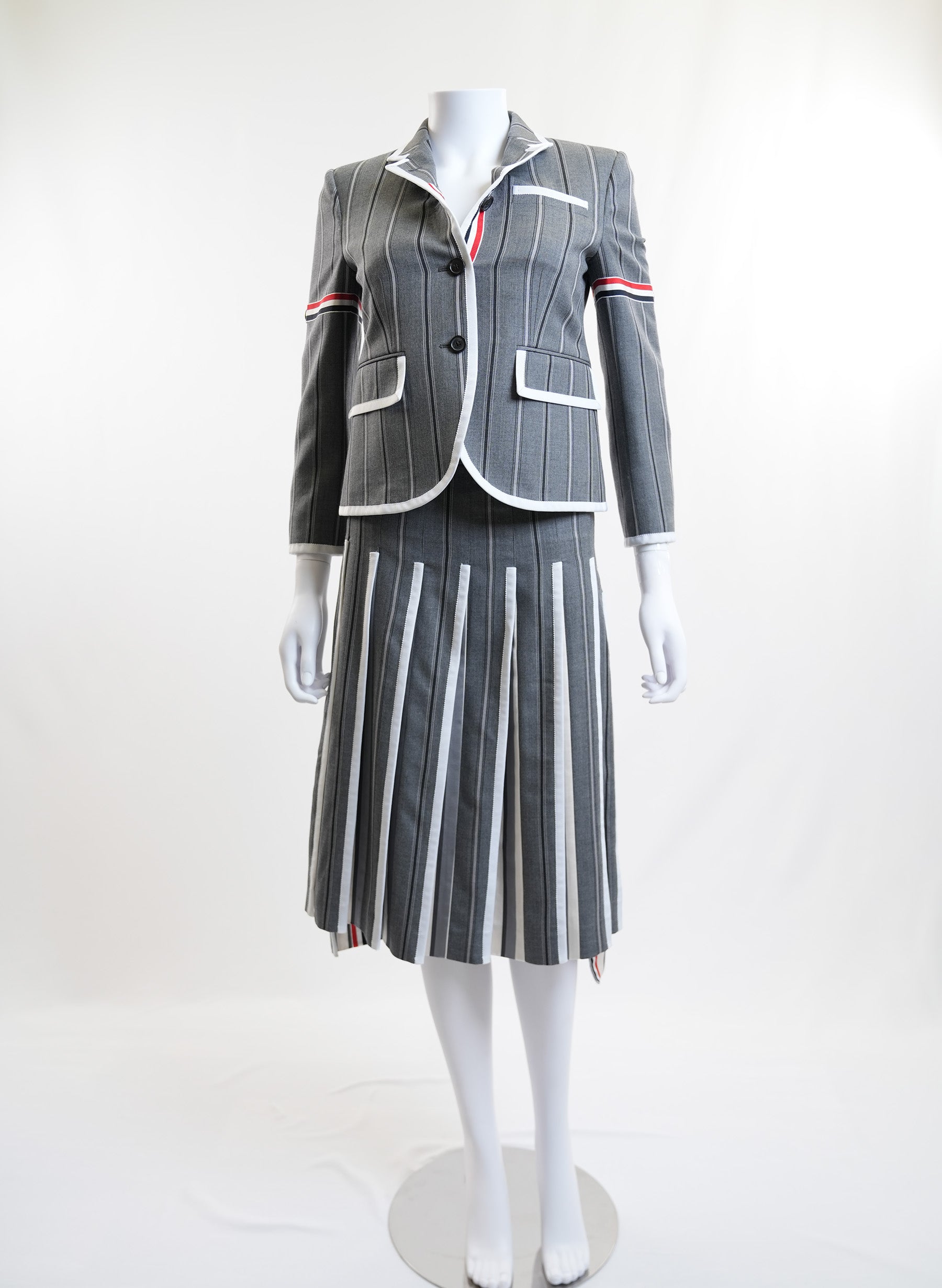 Thom Browne Grey Striped Wool Single Breasted Jacket And Skirt