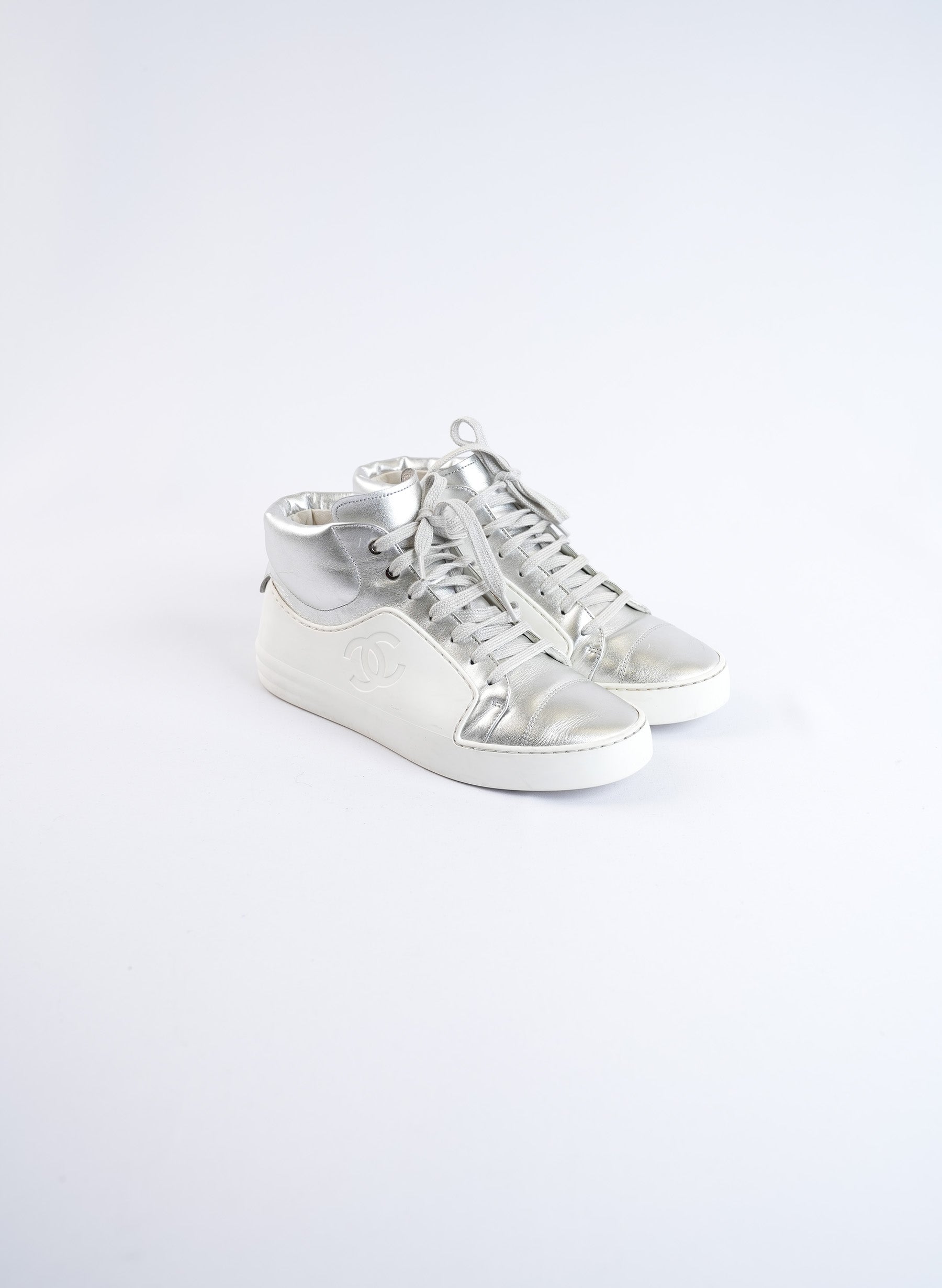 Chanel High Top Silver Sneakers