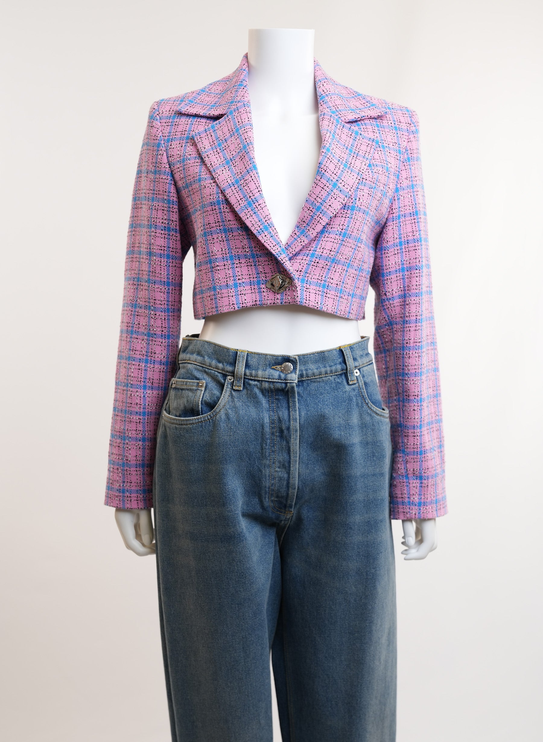Ganni Pink Check Crop Blazer