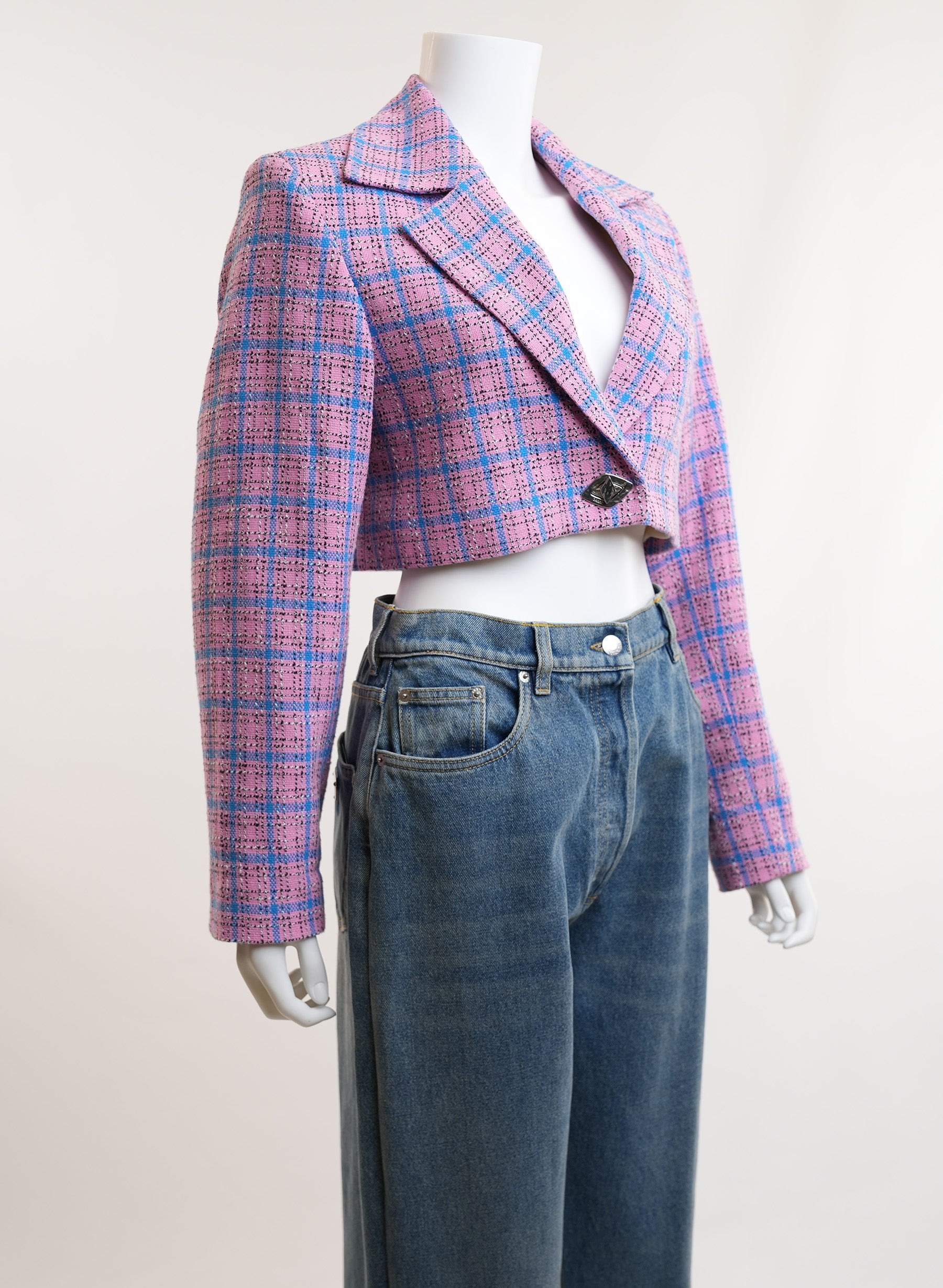 Ganni Pink Check Crop Blazer