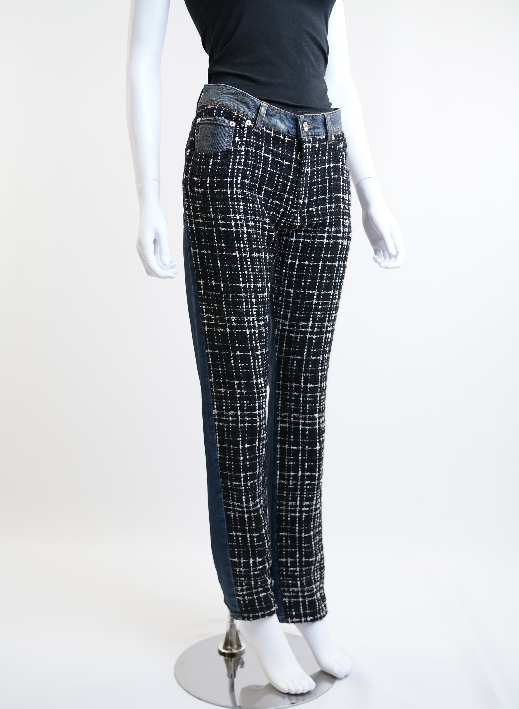 Pantalon en denim à empiècements en tweed à carreaux Dolce & Gabbana