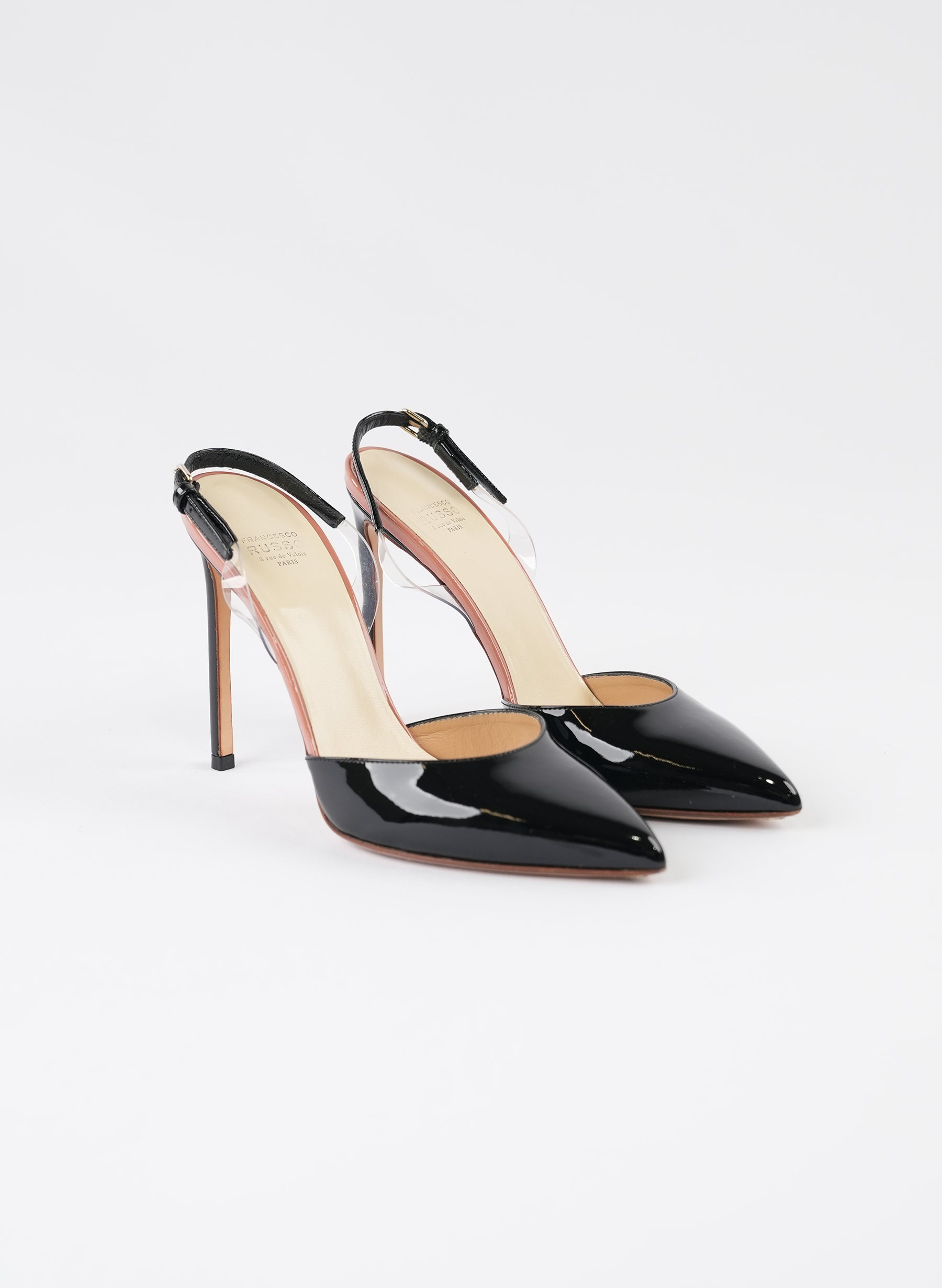 Francesco Russo Black Patent Leather Slingback Pumps