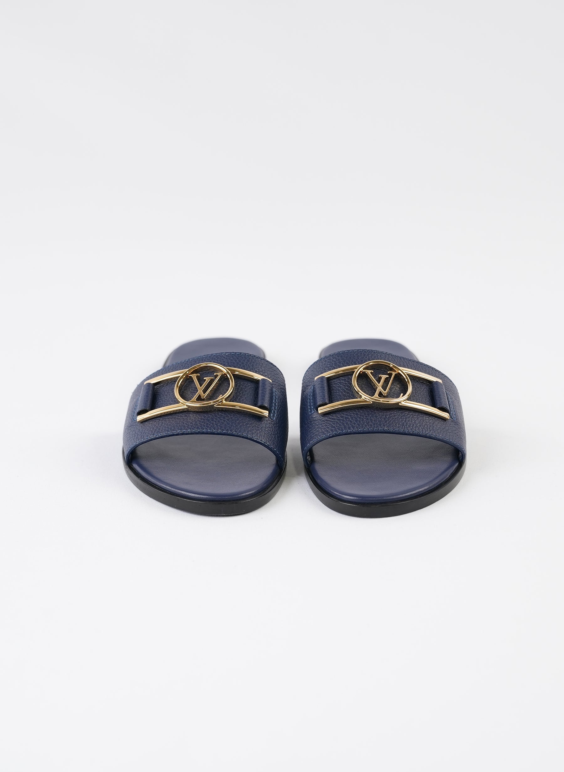 Louis Vuitton Navy Blue Leather Lock It Flat Slides