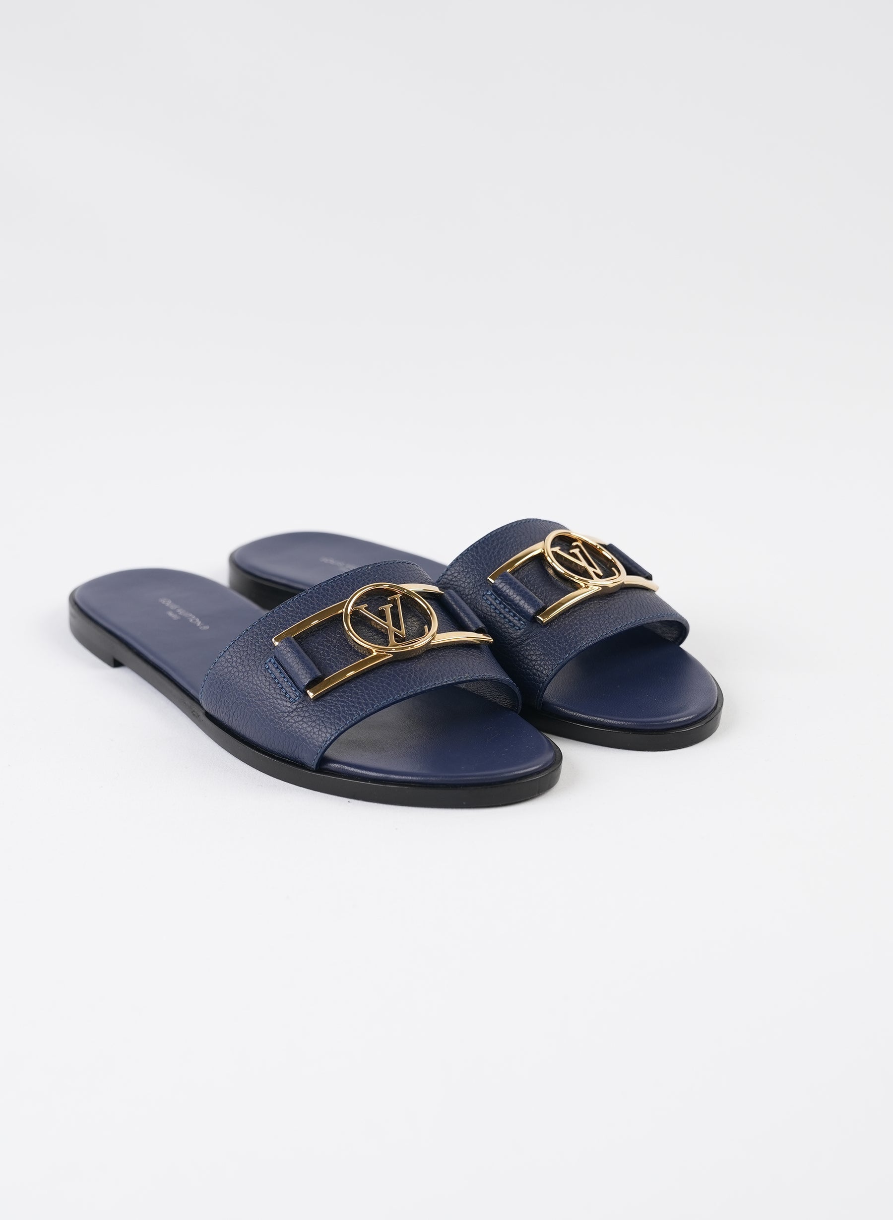 Louis Vuitton Navy Blue Leather Lock It Flat Slides