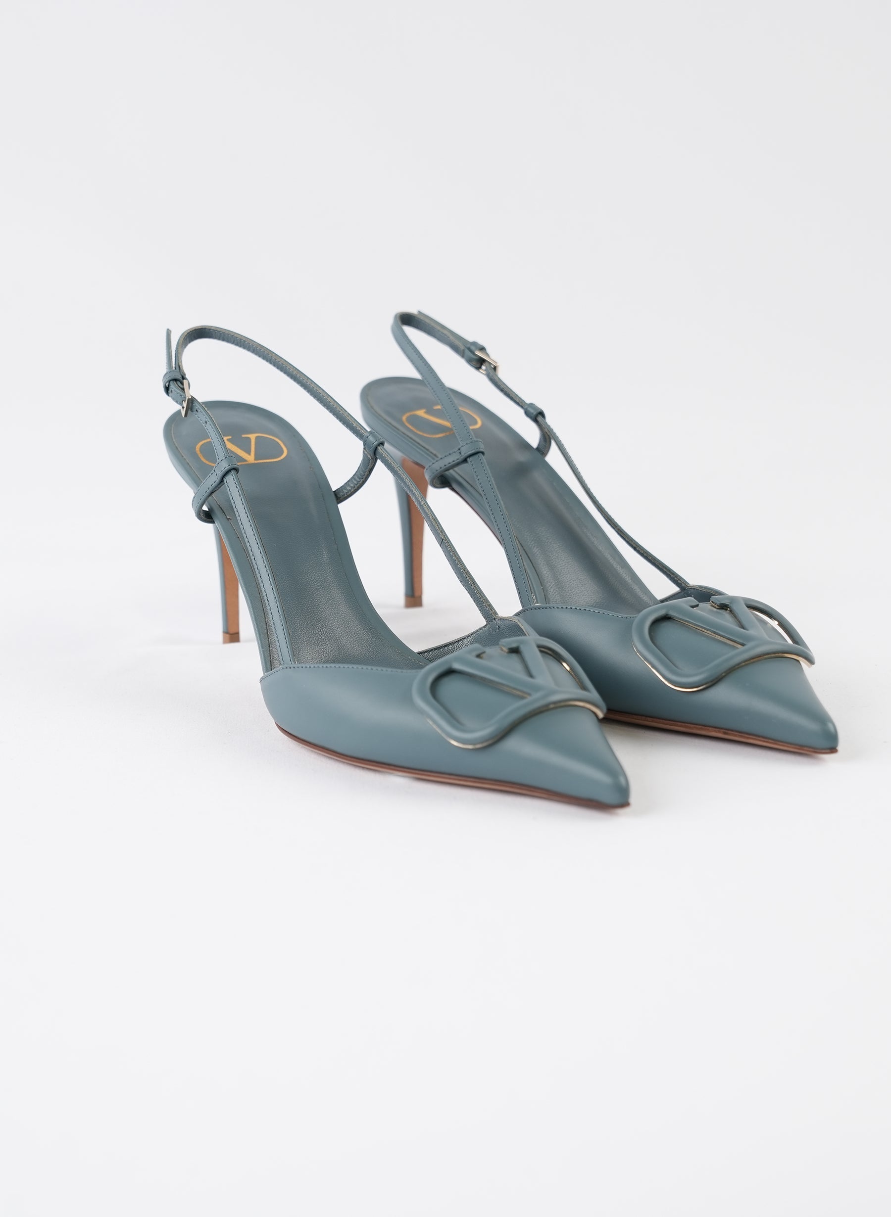 Valentino Navy Blue Leather Escape V Logo Slingback Pumps
