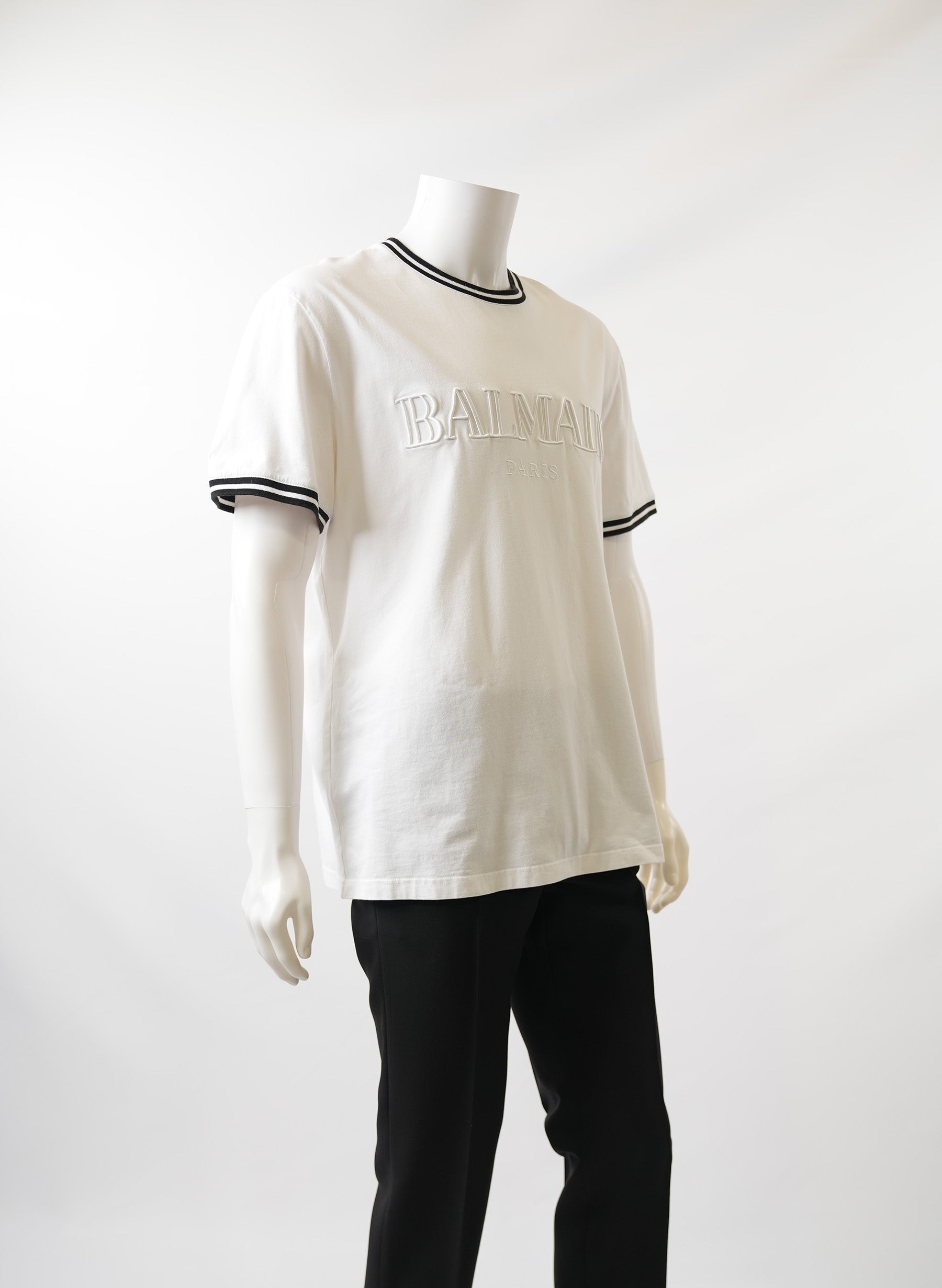 T-shirt Balmain blanc à logo et col rayé