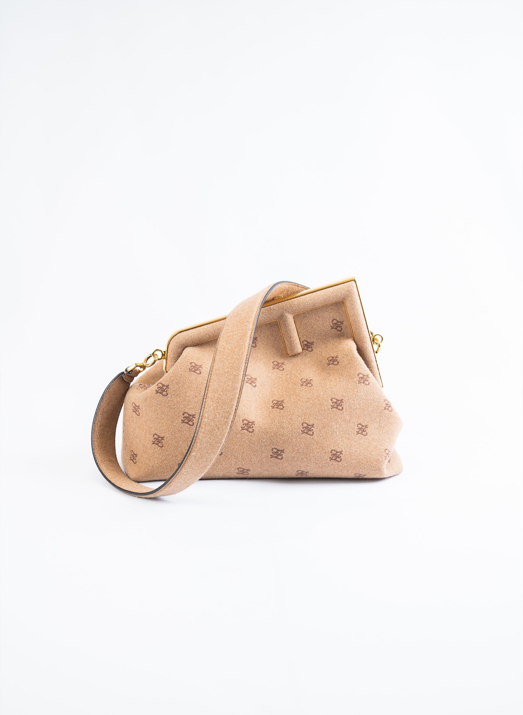 Fendi First Camel Flannel Karligraphy Embroidered Shoulder Bag