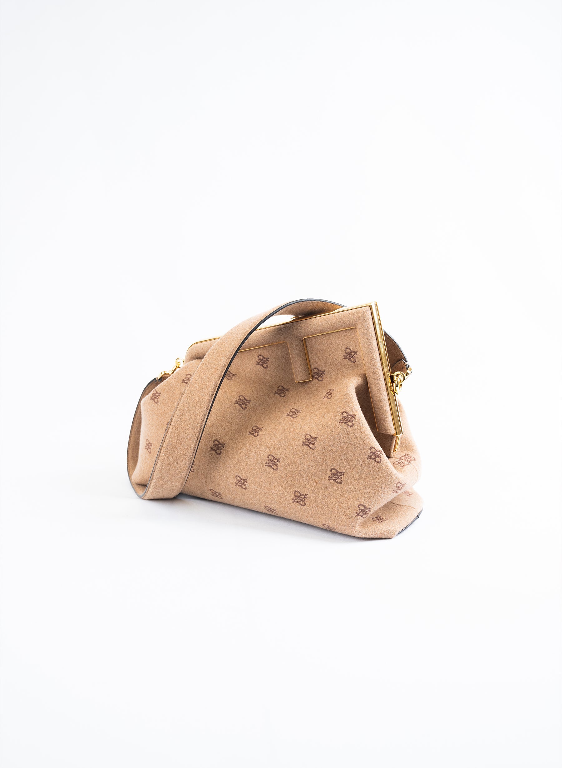 Fendi First Camel Flannel Karligraphy Embroidered Shoulder Bag
