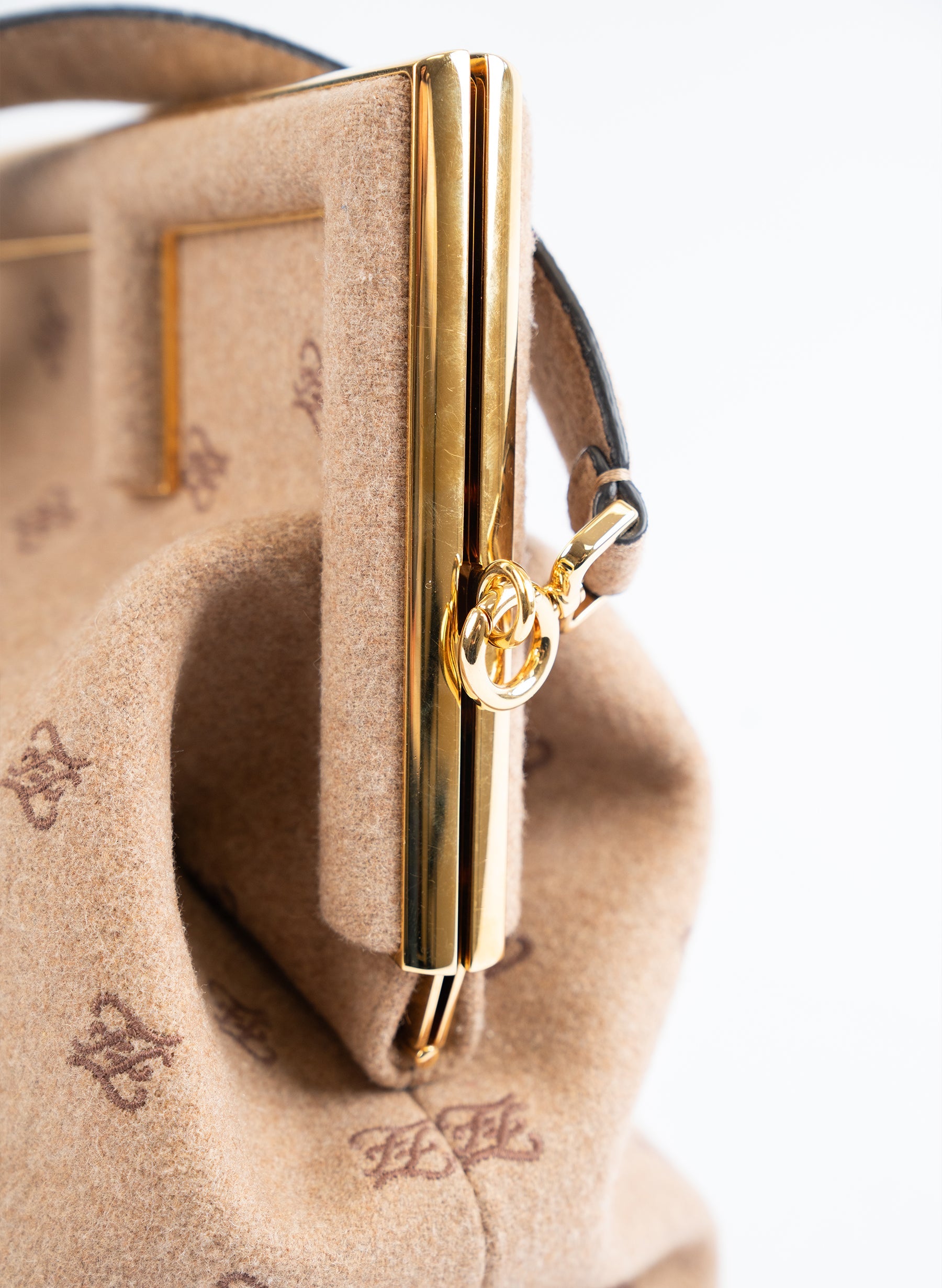 Fendi First Camel Flannel Karligraphy Embroidered Shoulder Bag