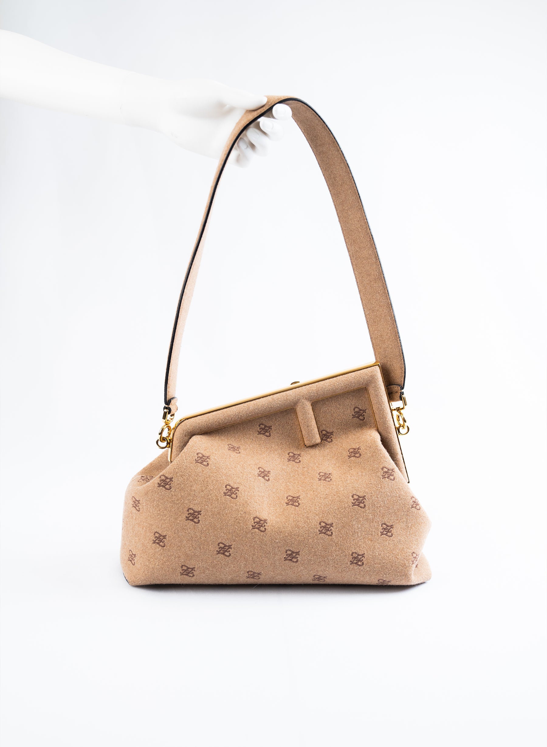 Fendi First Camel Flannel Karligraphy Embroidered Shoulder Bag