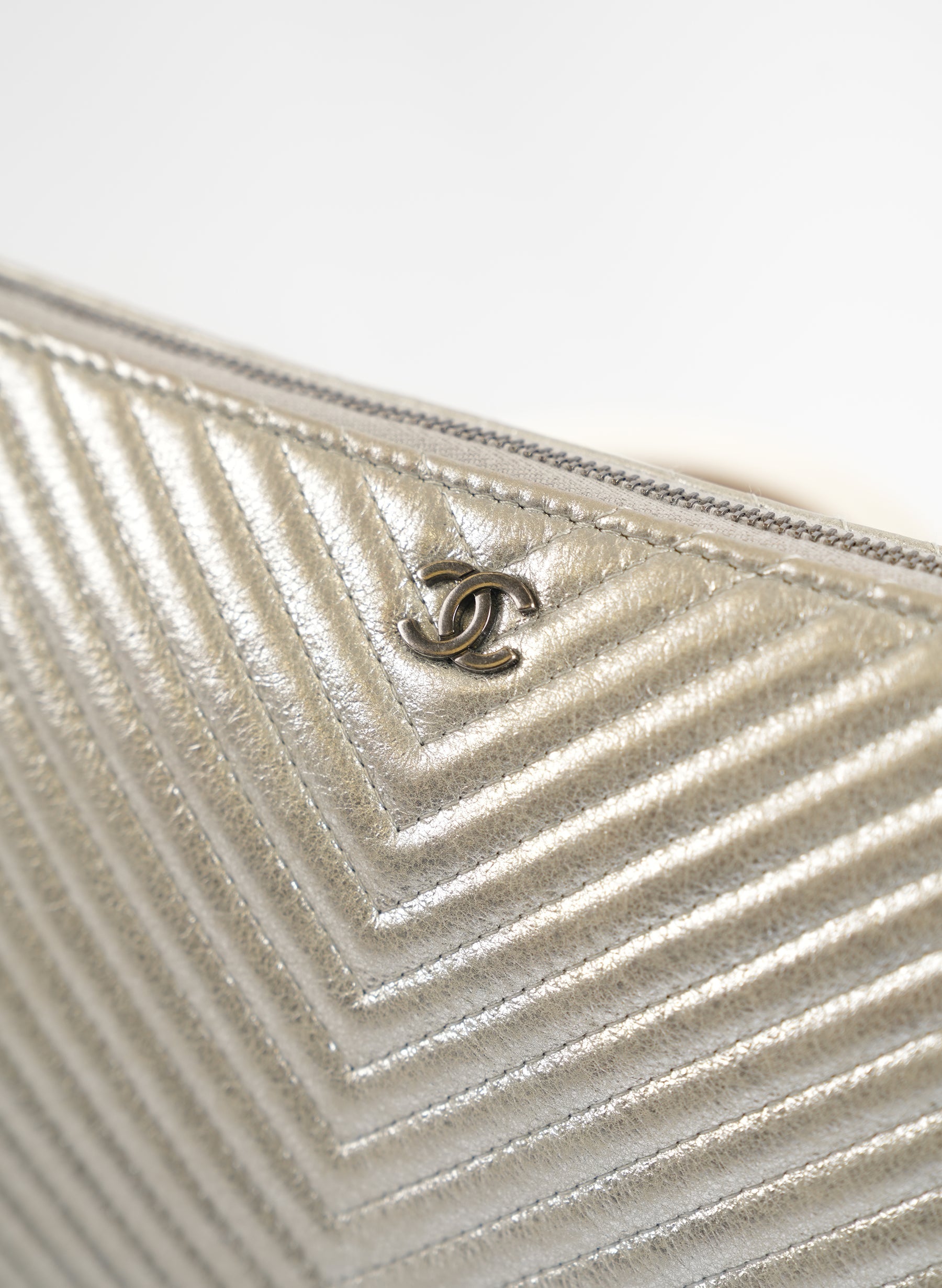 Chanel Metallic Caviar Chevron Quilted Cosmetic Case