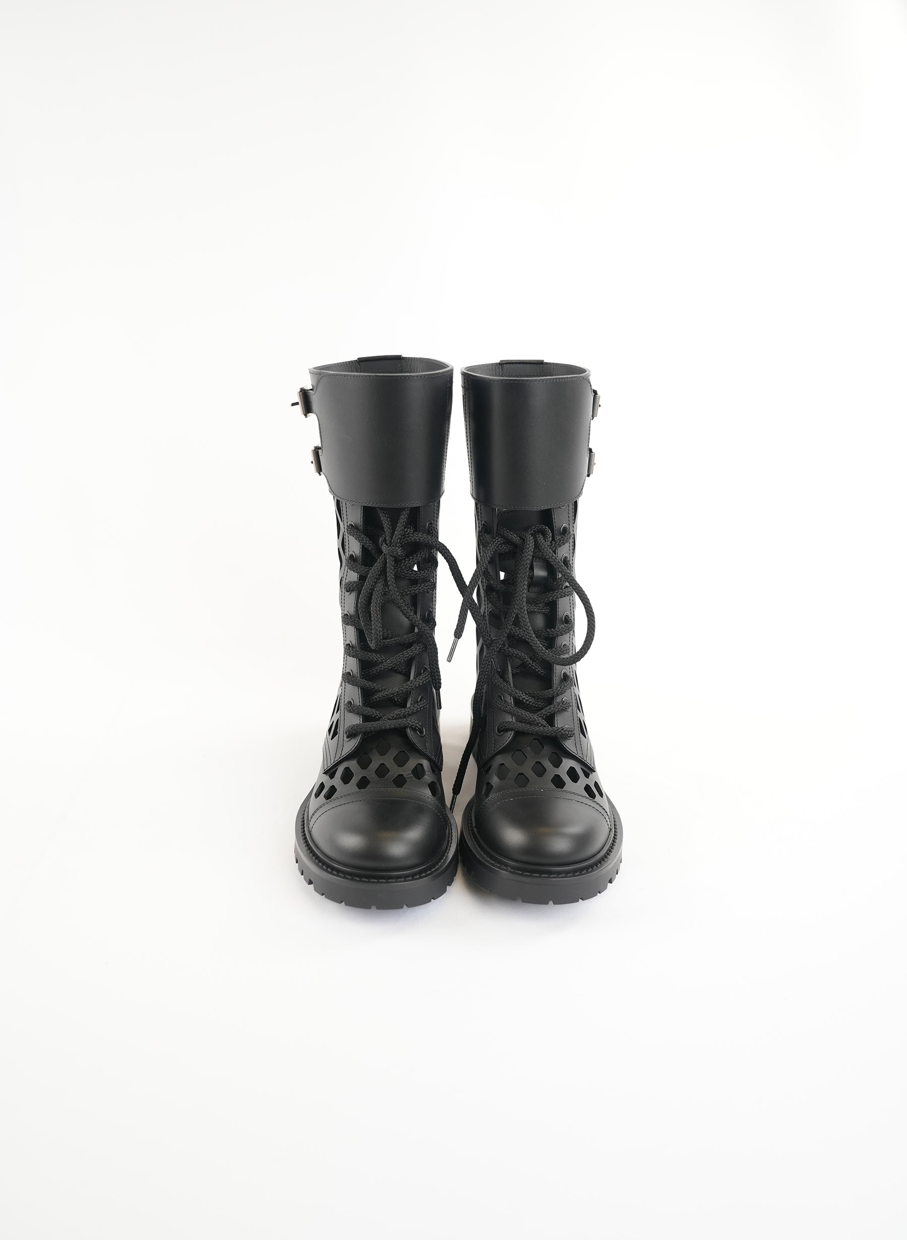 Dior Black Leather Laser Cut Accents Combat Boots