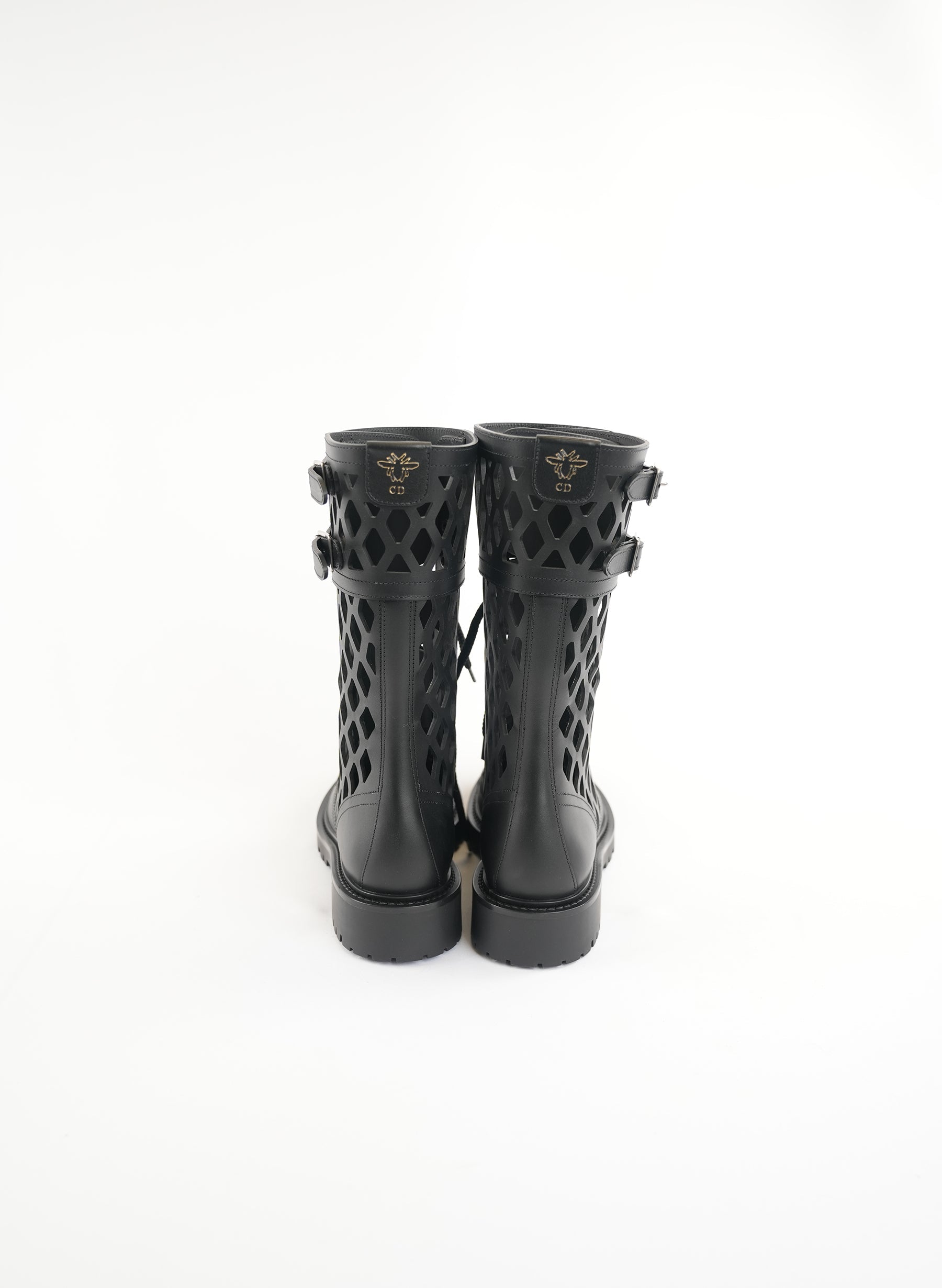 Dior Black Leather Laser Cut Accents Combat Boots