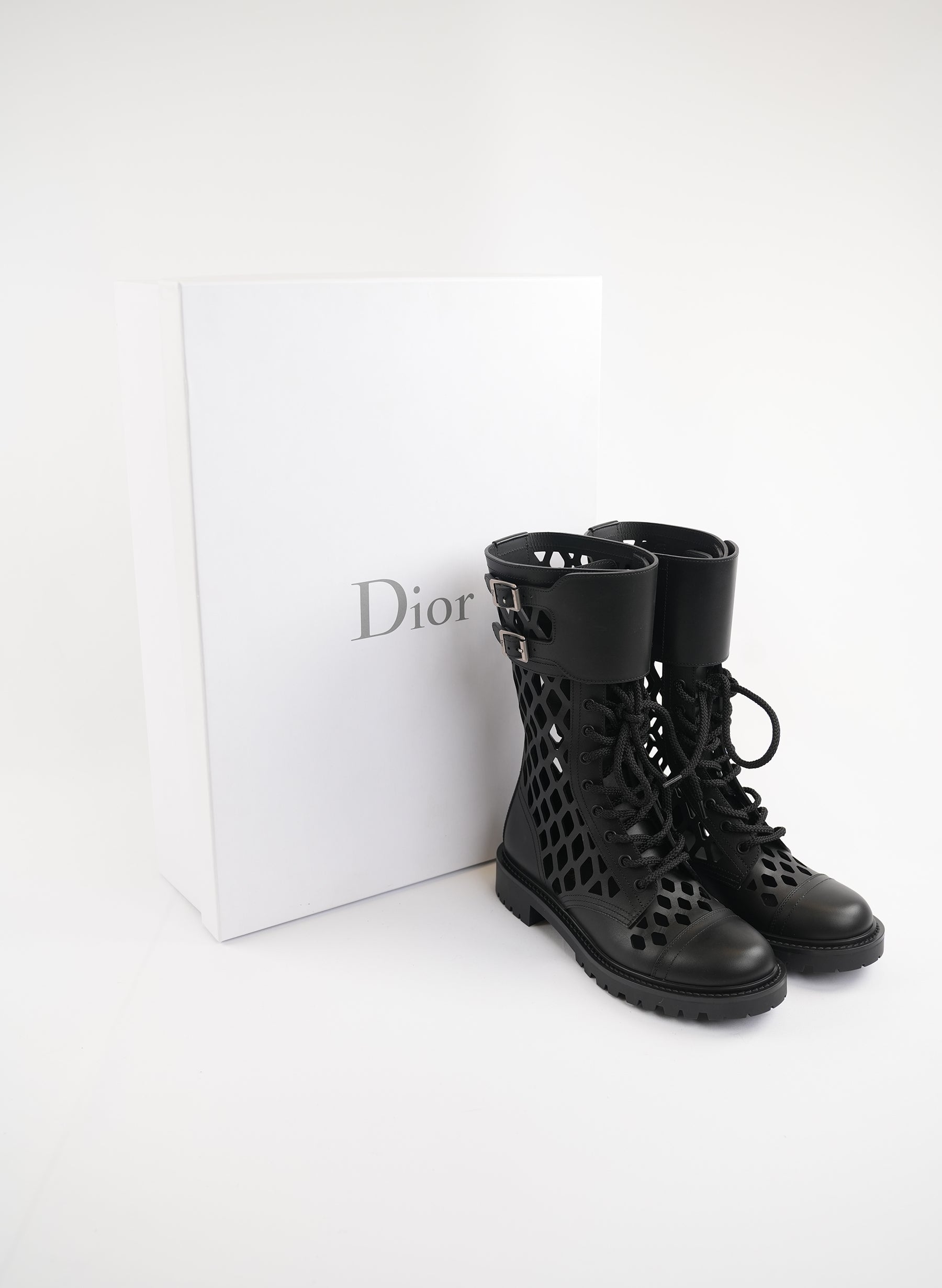 Dior Black Leather Laser Cut Accents Combat Boots