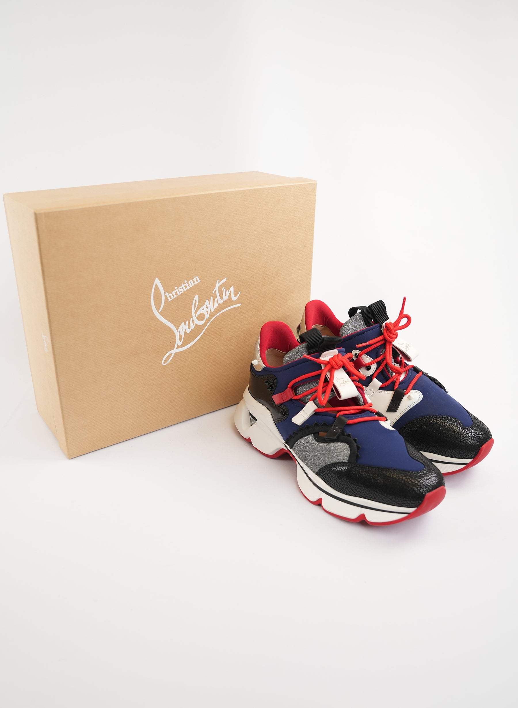 Christian Louboutin Neoprene Patent Glitter Red Wet Runner Flat Sneakers