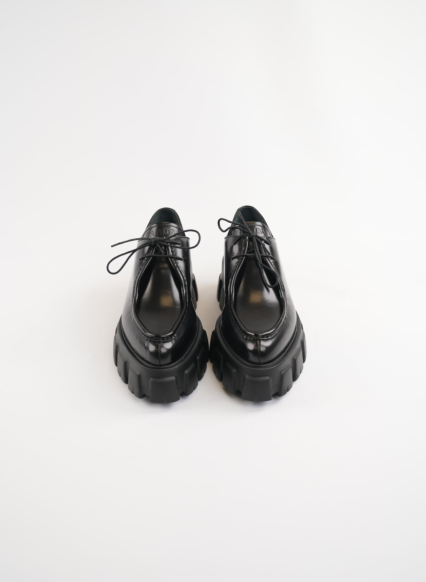 Prada Monolith Pointy Brushed Leather Lace-up Shoes