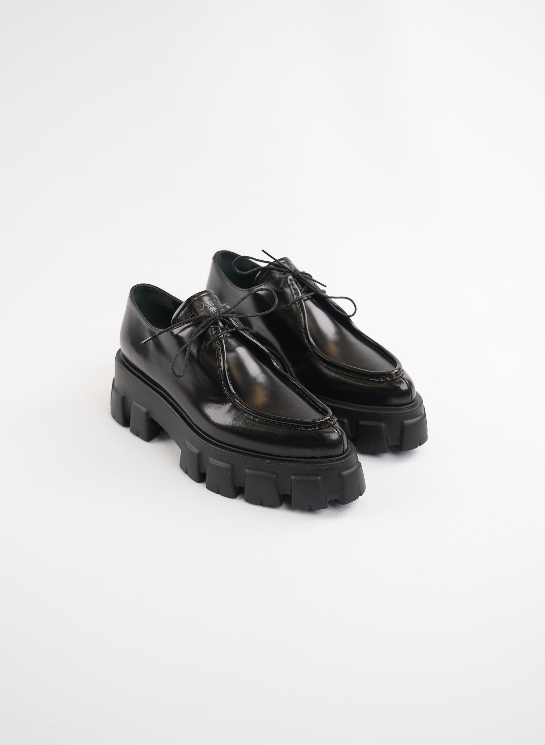 Prada Monolith Pointy Brushed Leather Lace-up Shoes