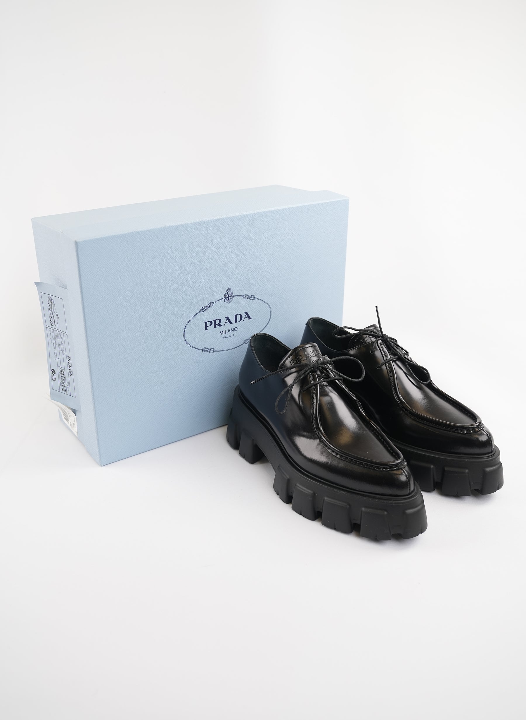 Prada Monolith Pointy Brushed Leather Lace-up Shoes