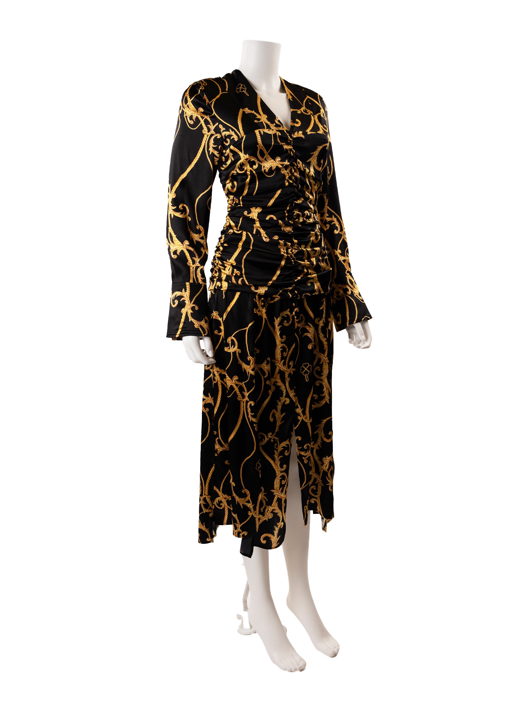 Robe midi froncée en satin à imprimé baroque Ganni