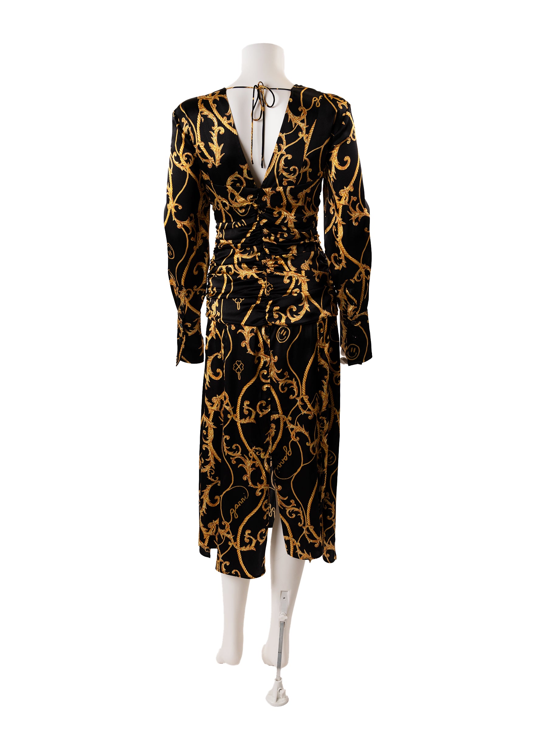 Robe midi froncée en satin à imprimé baroque Ganni