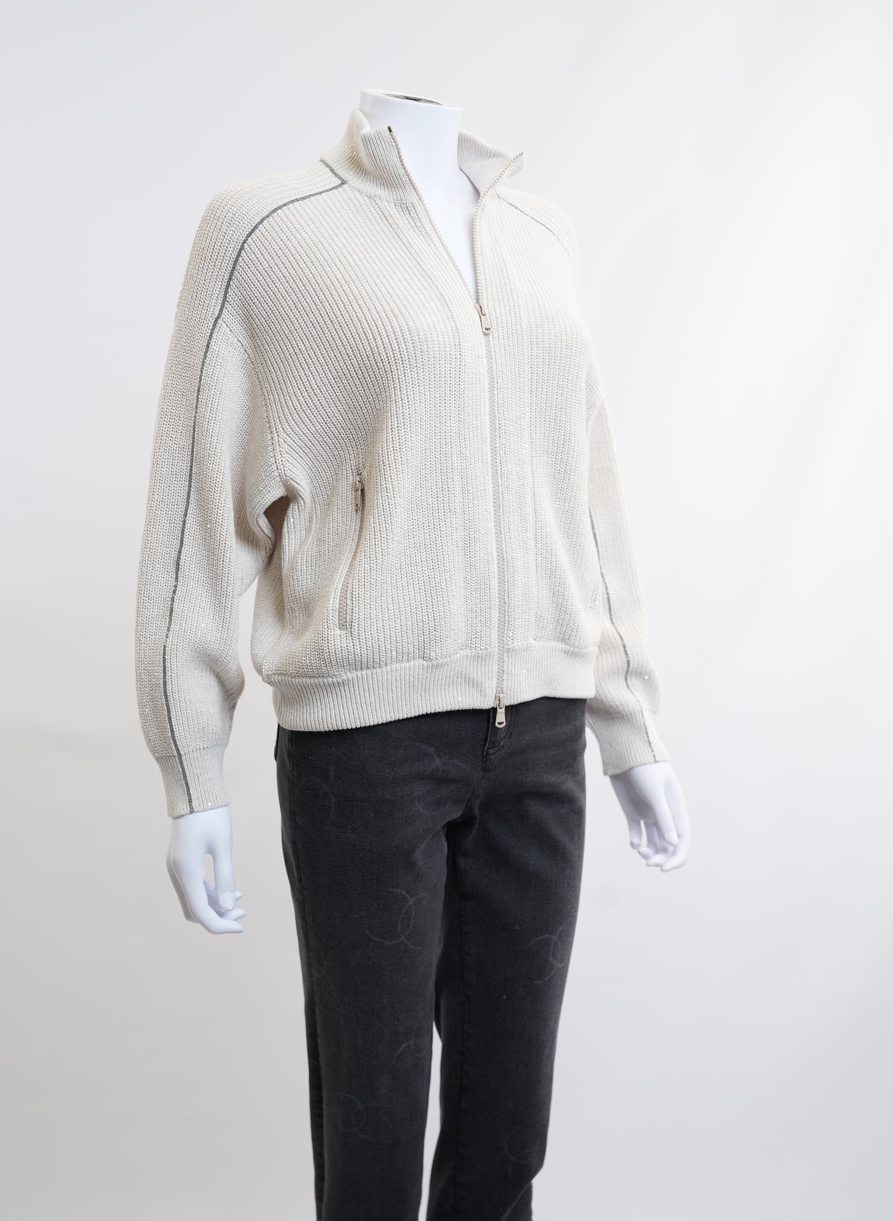 Brunello Cucinelli Oat Ribbed Cotton Zip Swaeter