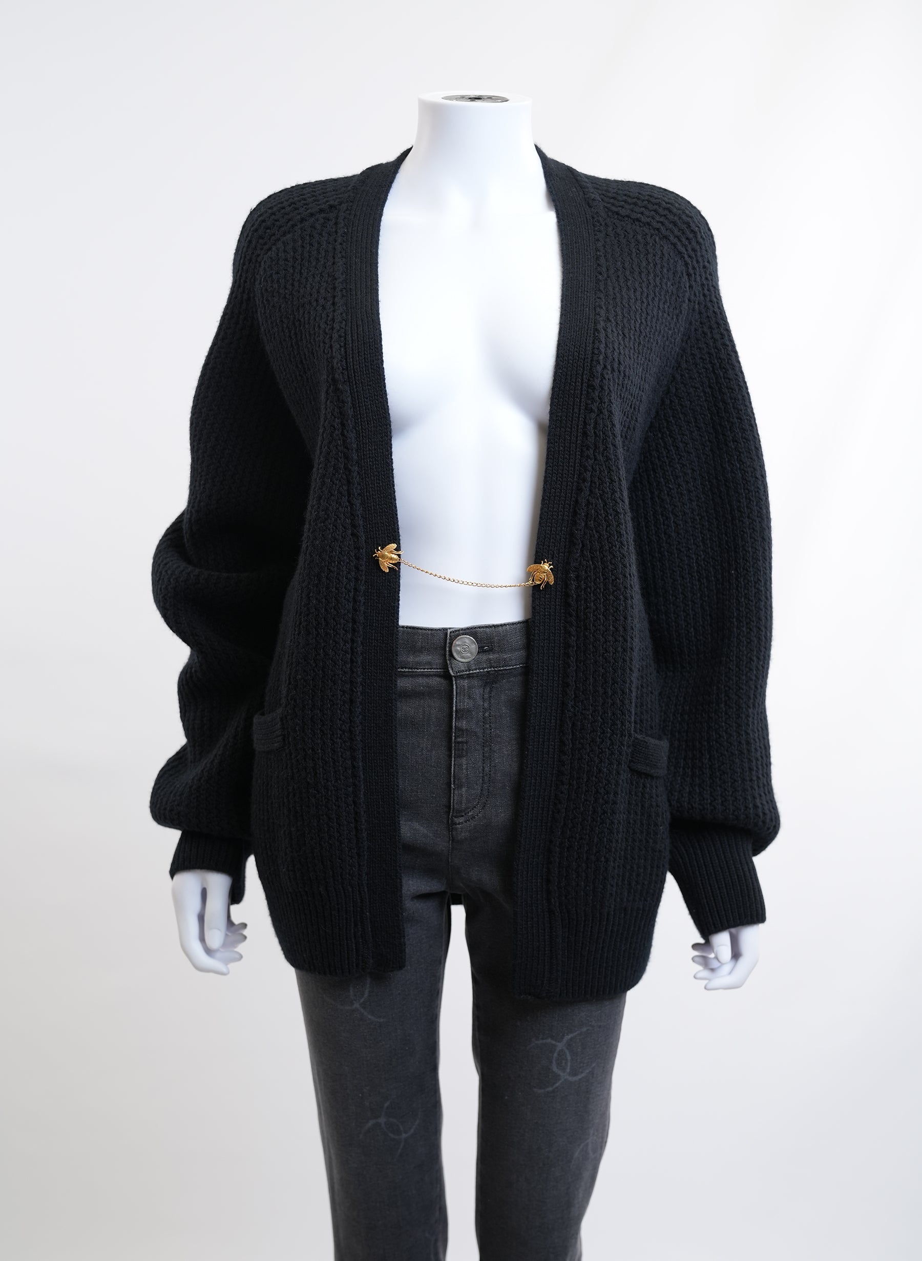 Christian Dior Navy Open Knit Cardigan With Gold Toned Pin