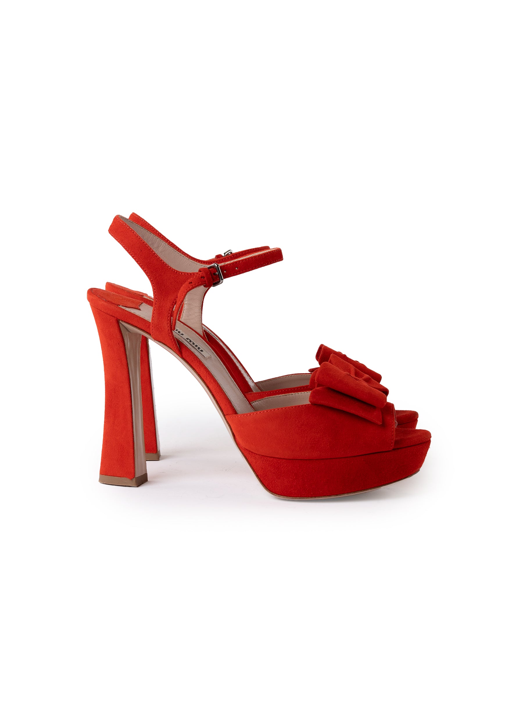 Sandales Miu Miu en daim à nœud et bout ouvert, plateforme et bride arrière