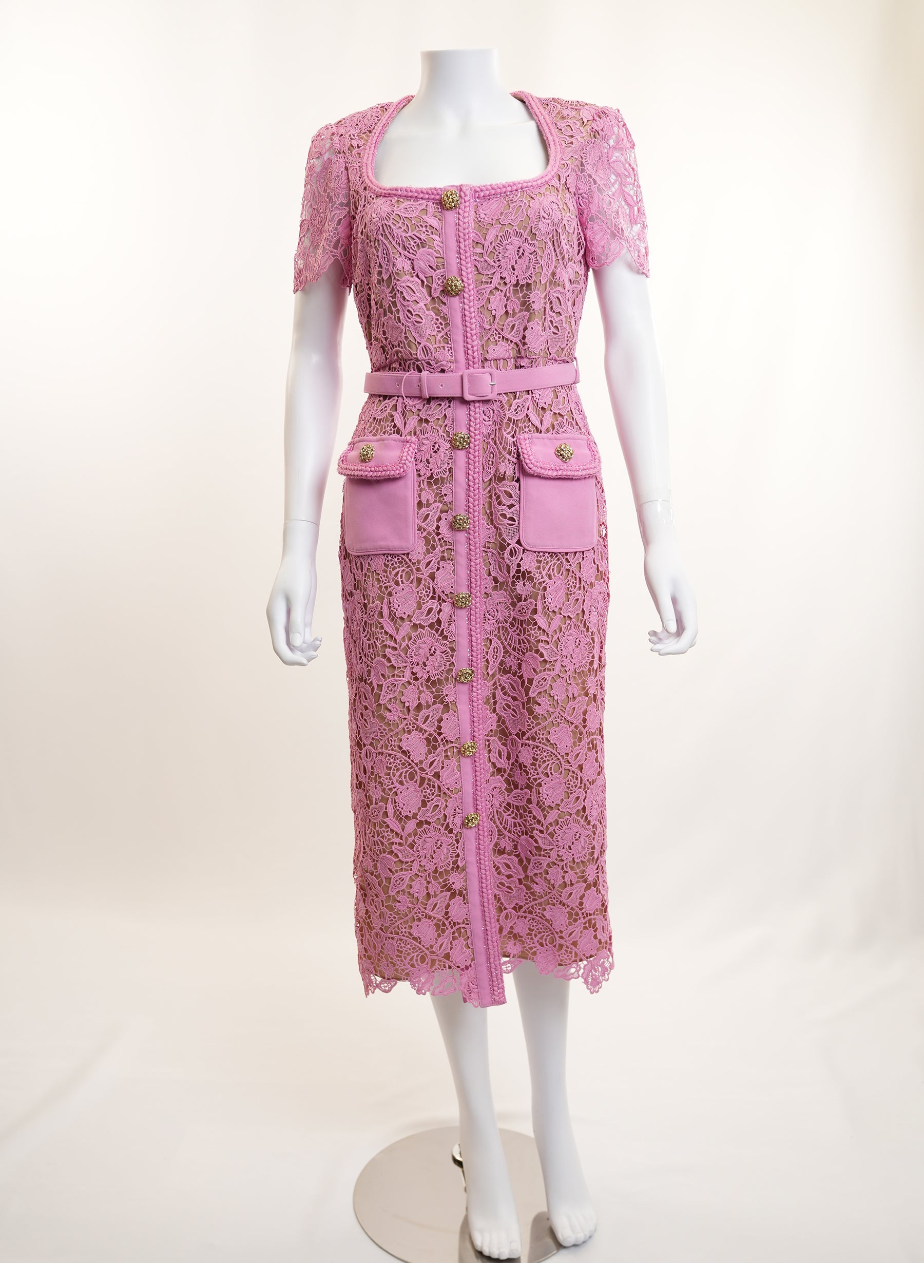 Self-Portrait Pink Lace Guipure Dress With Belt And Embellished Buttons