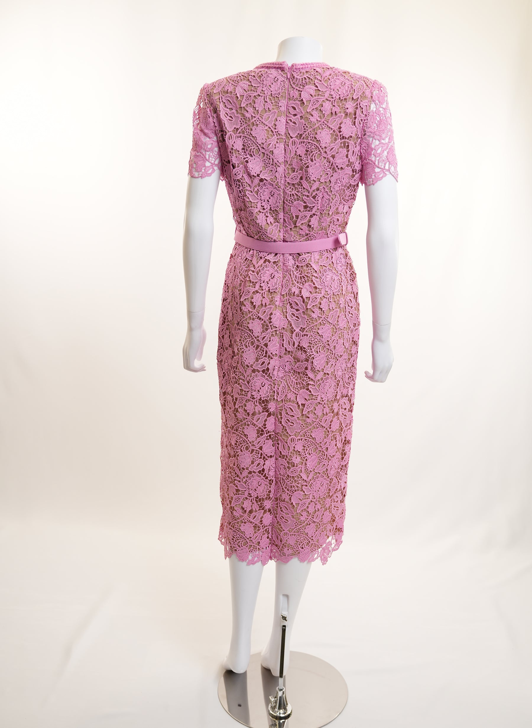 Self-Portrait Pink Lace Guipure Dress With Belt And Embellished Buttons