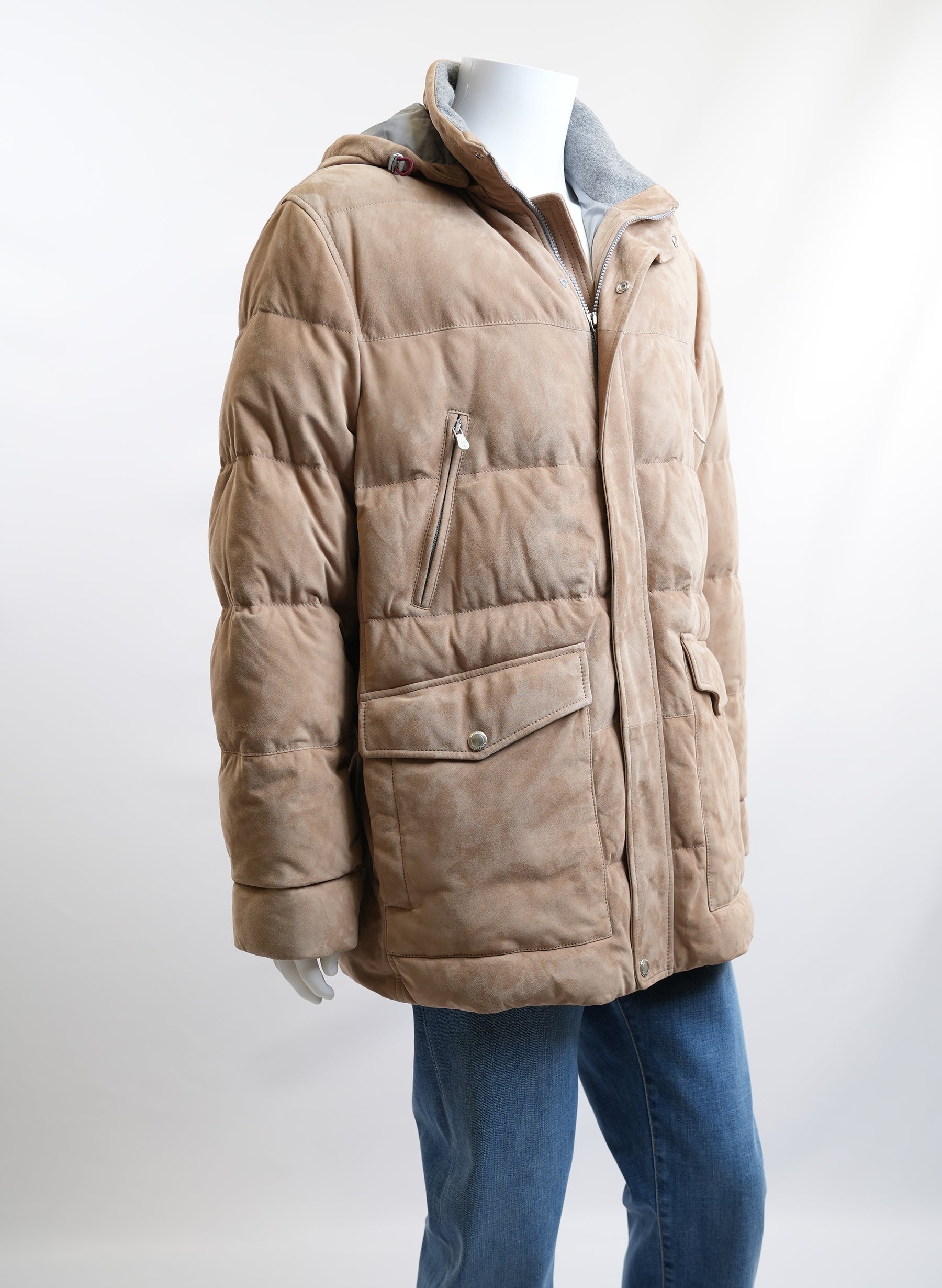 Brunello Cucinelli Down Padded Suede Jacket With Detachable Hood