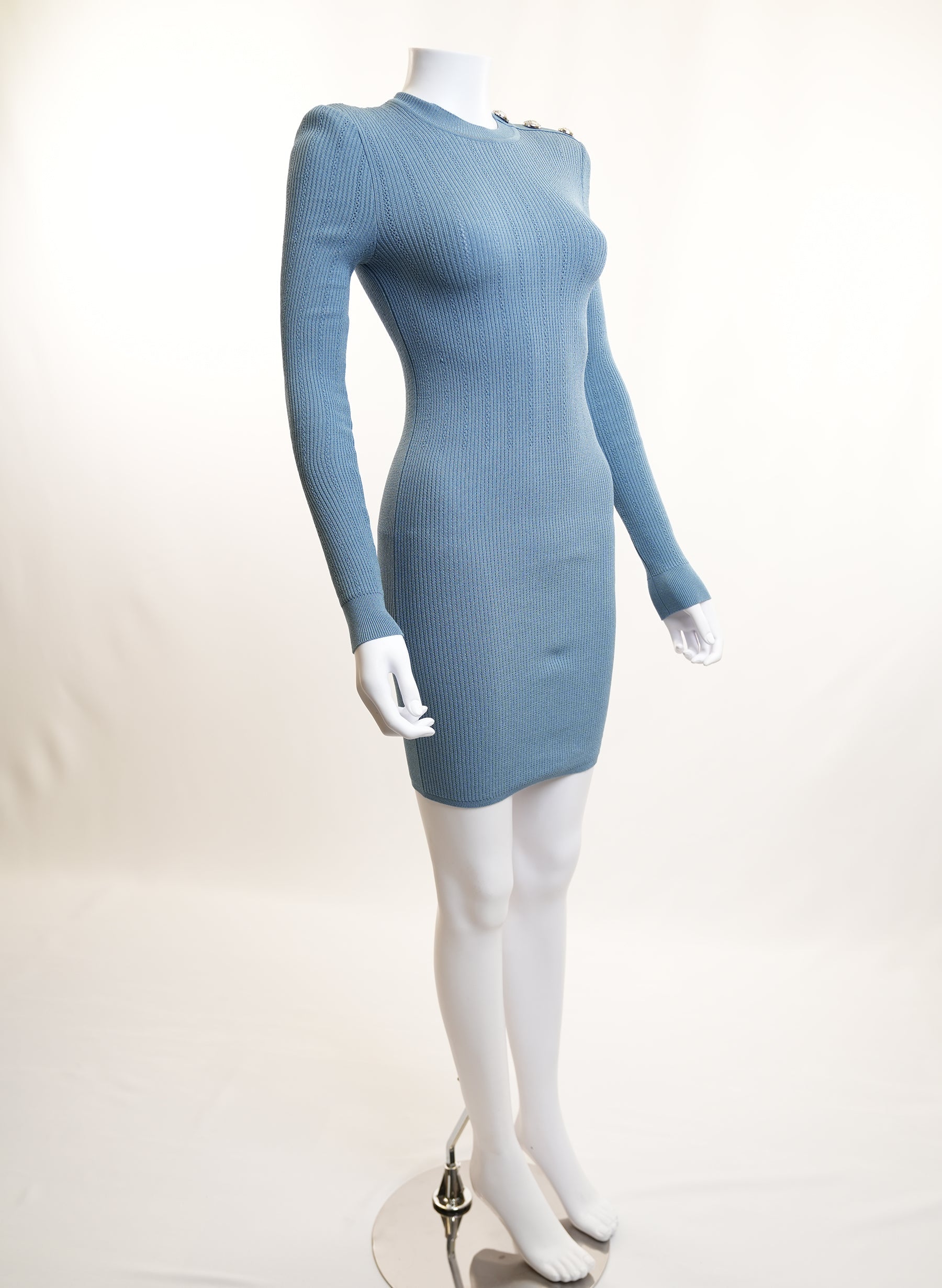 Balmain Blue Knit Dress With Studded Shoulders