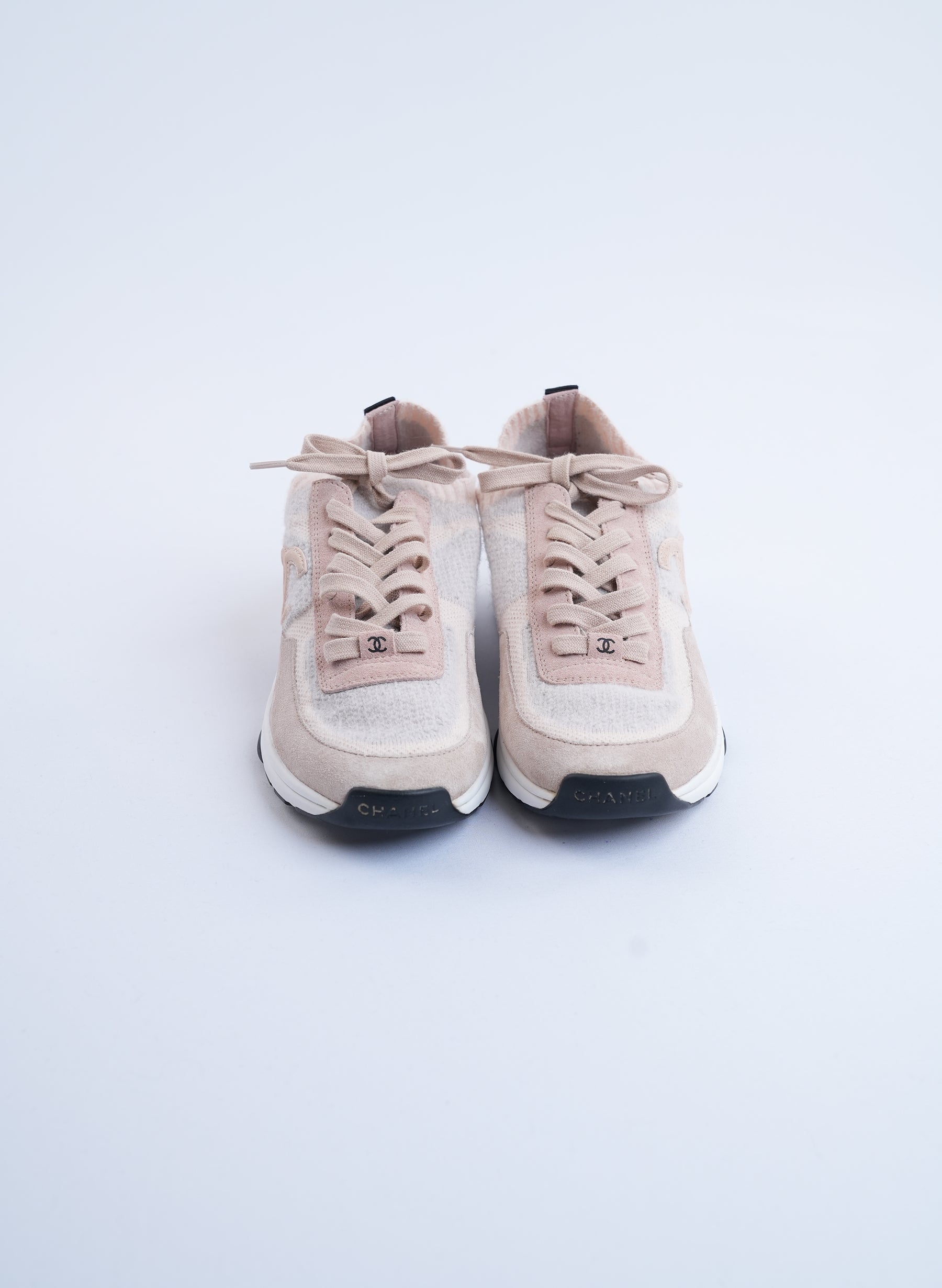 Chanel Pale Pink Knit And Suede Sneakers