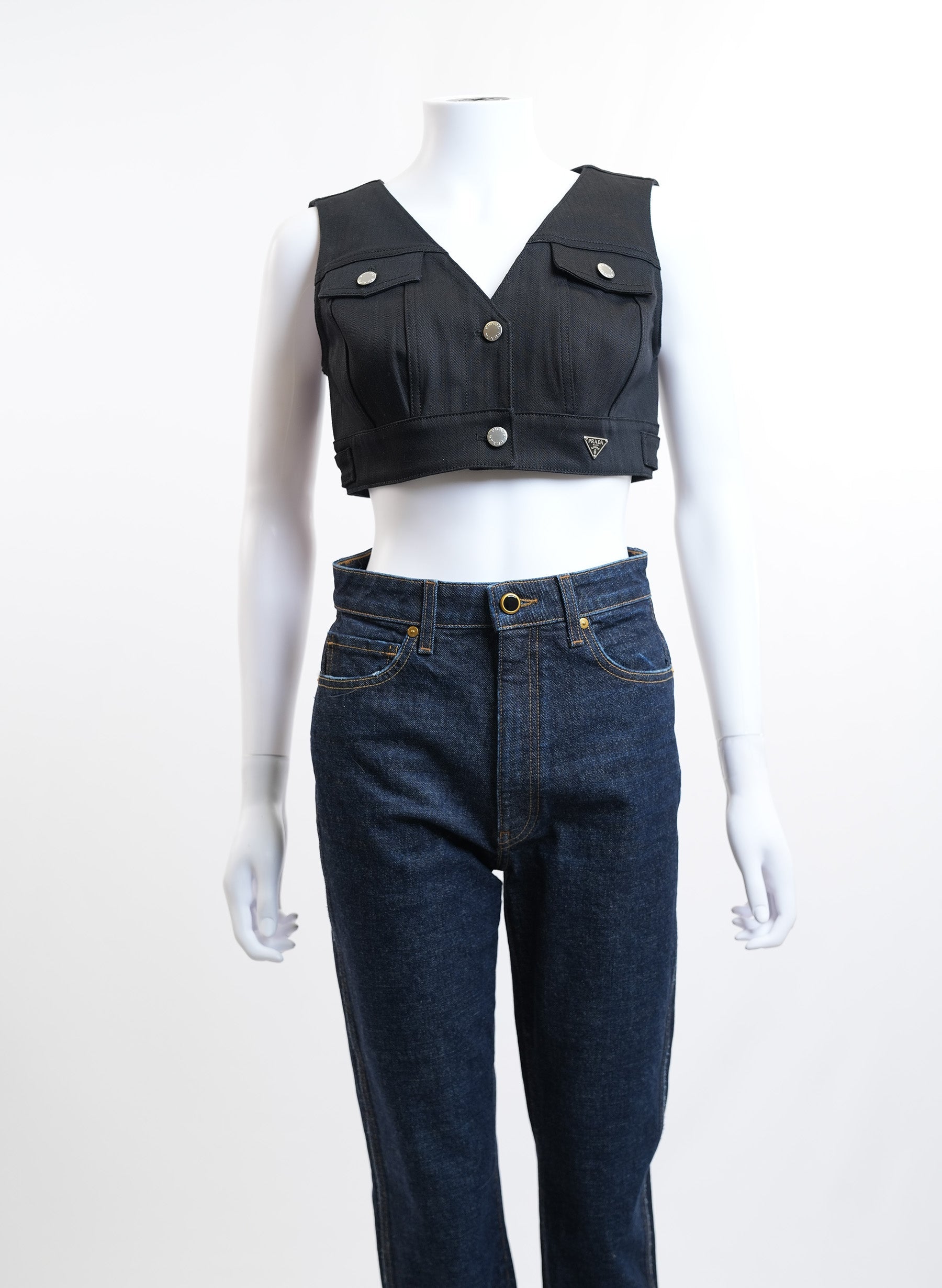 Prada Logo Cropped Denim Vest