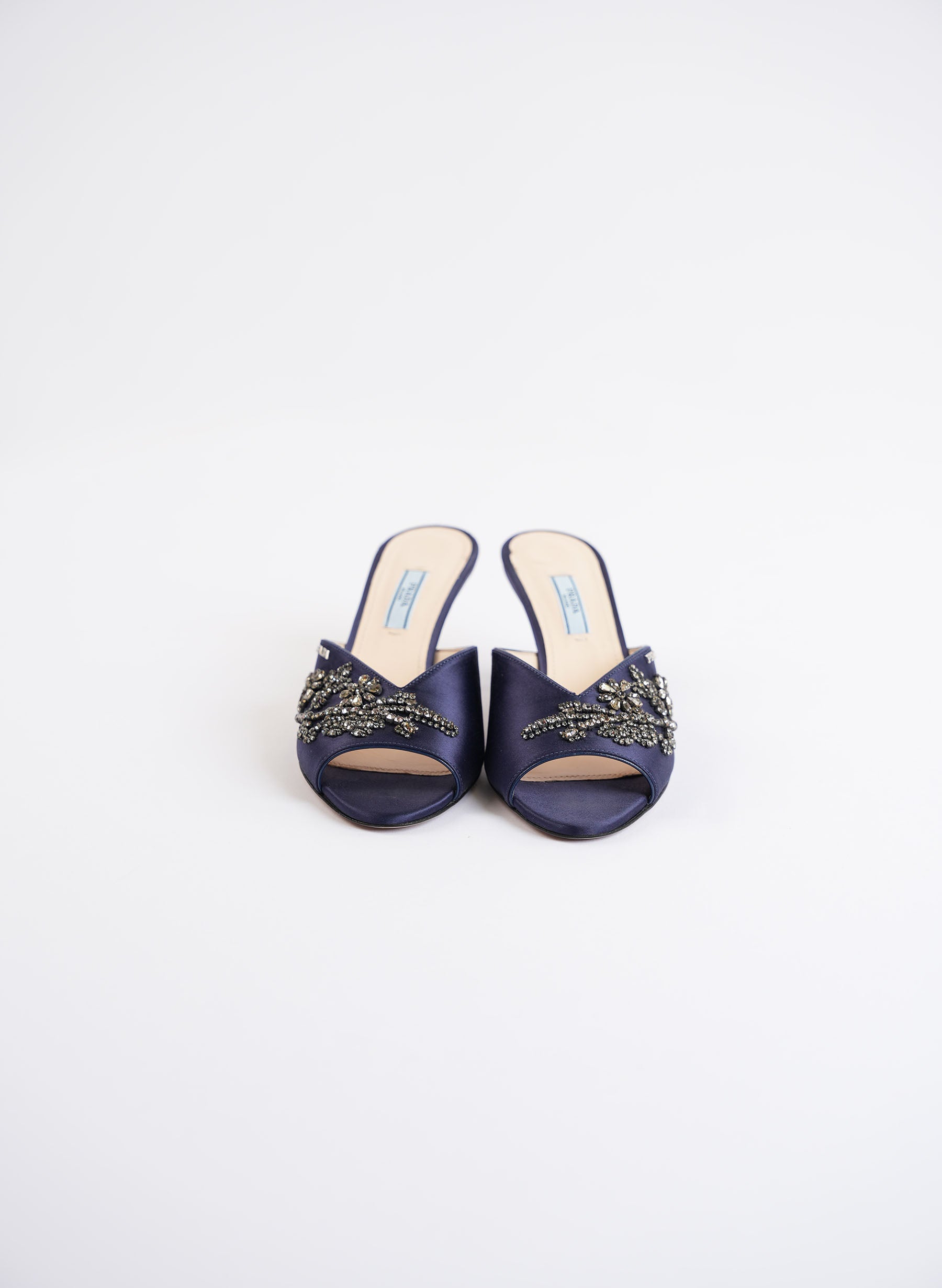 Prada Navy Blue Satin Embellished Heels