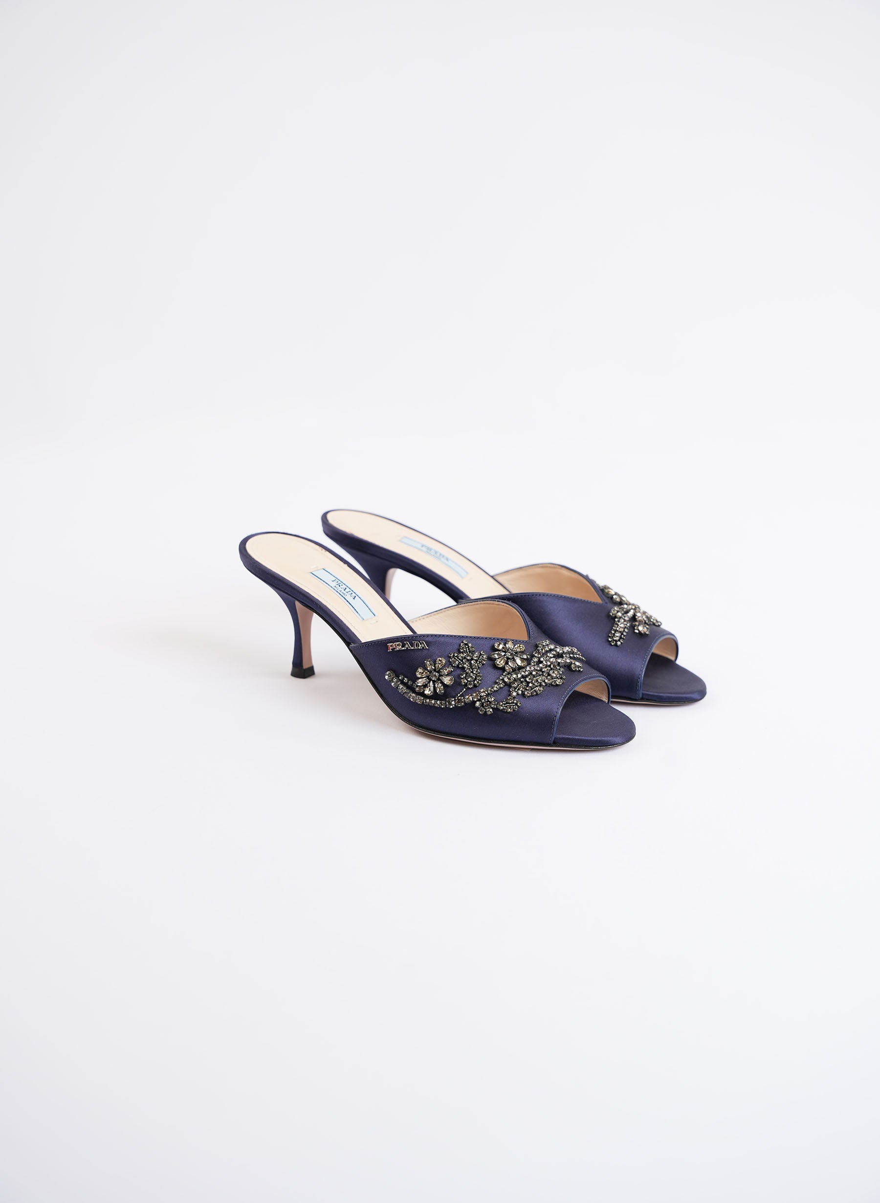 Prada Navy Blue Satin Embellished Heels