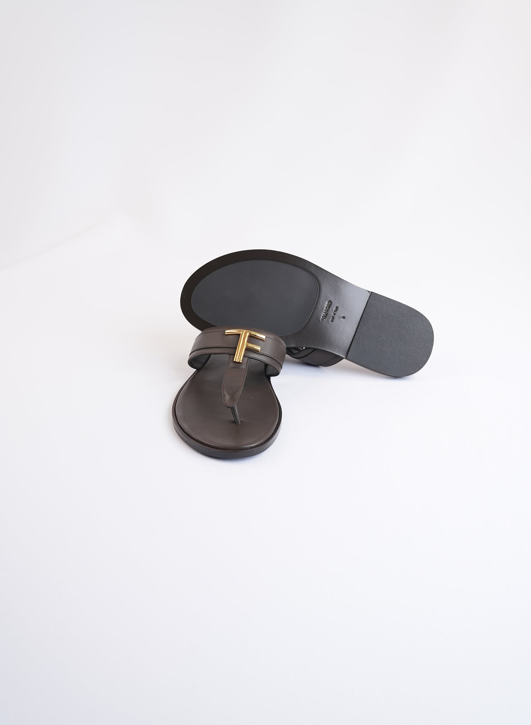 Tom Ford Brighton Brown Leather T-Bar Sandals With Gold Hardware