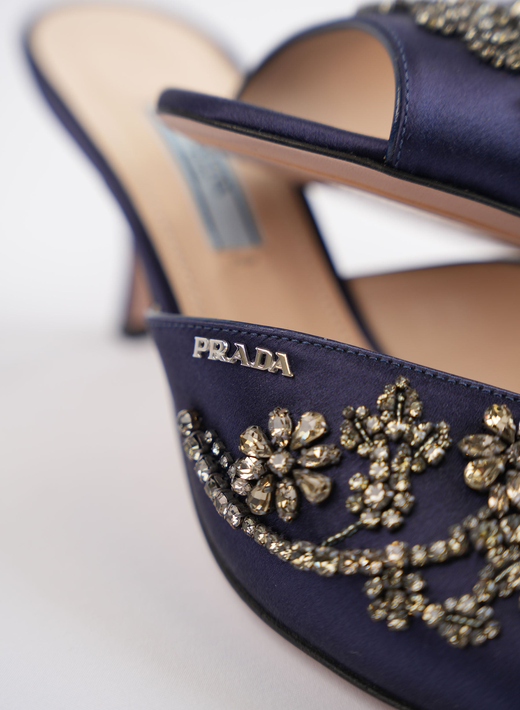 Prada Navy Blue Satin Embellished Heels