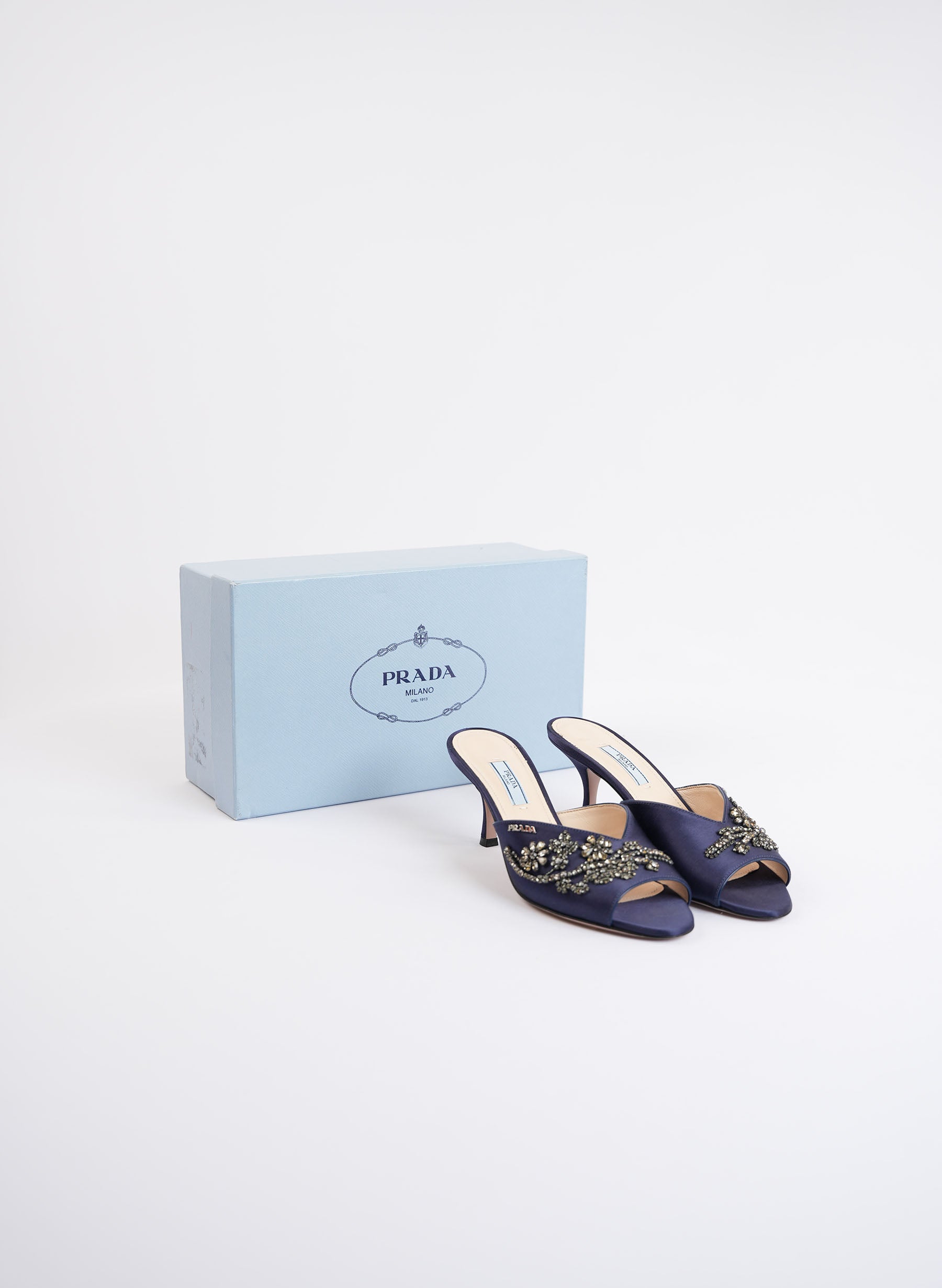Prada Navy Blue Satin Embellished Heels