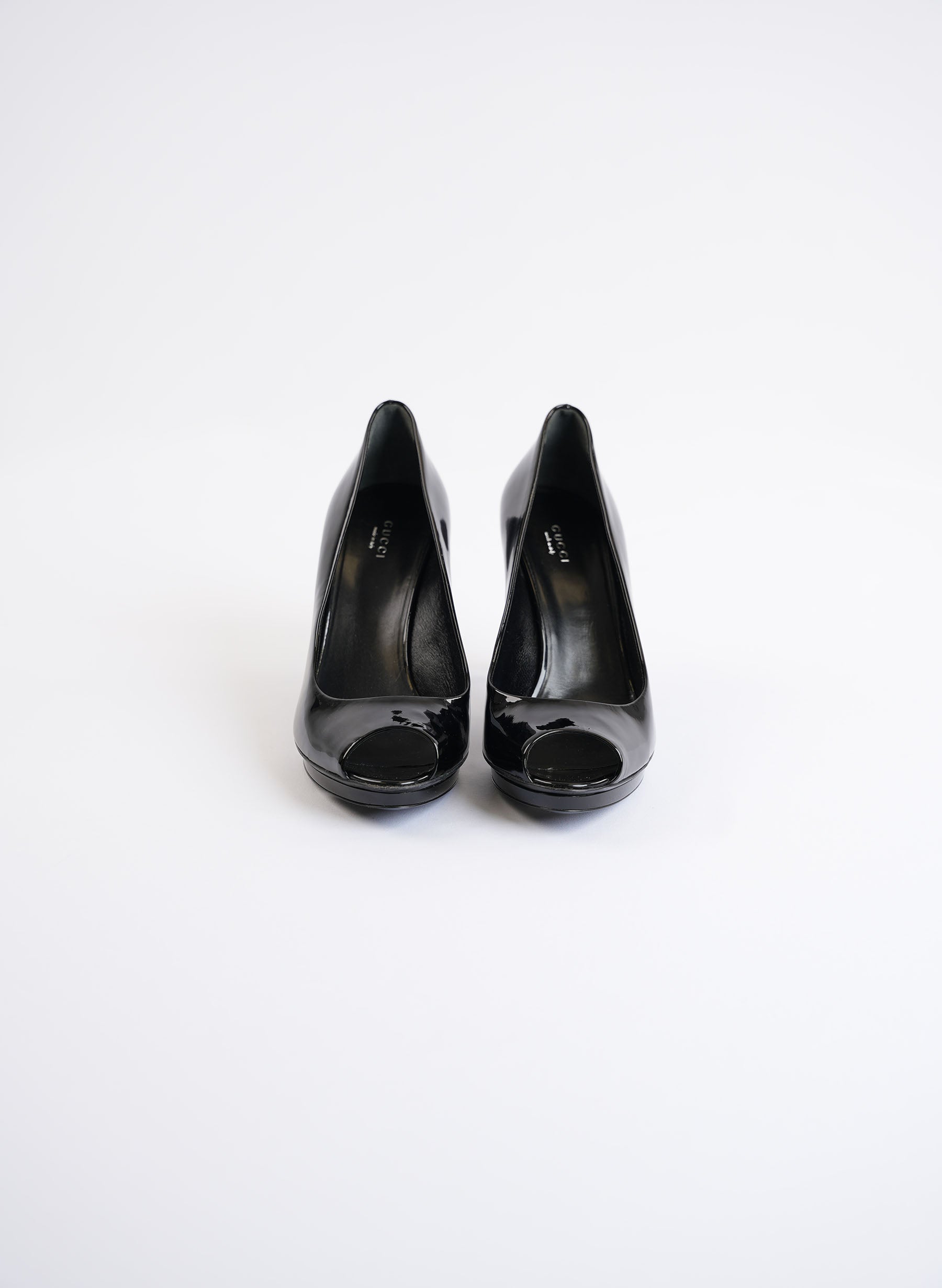Gucci Black Patent Leather Peep Toe High Heels