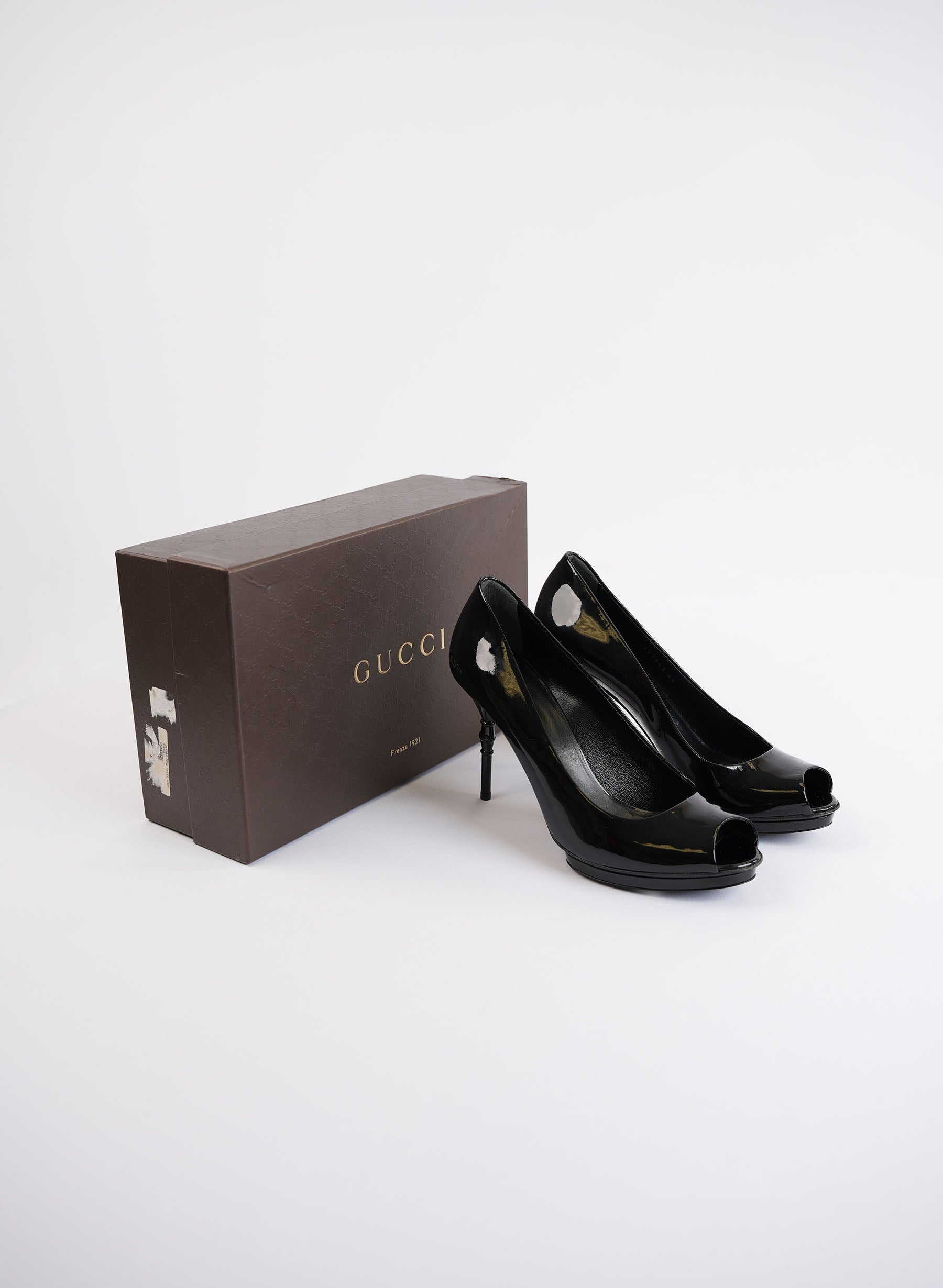Gucci Black Patent Leather Peep Toe High Heels