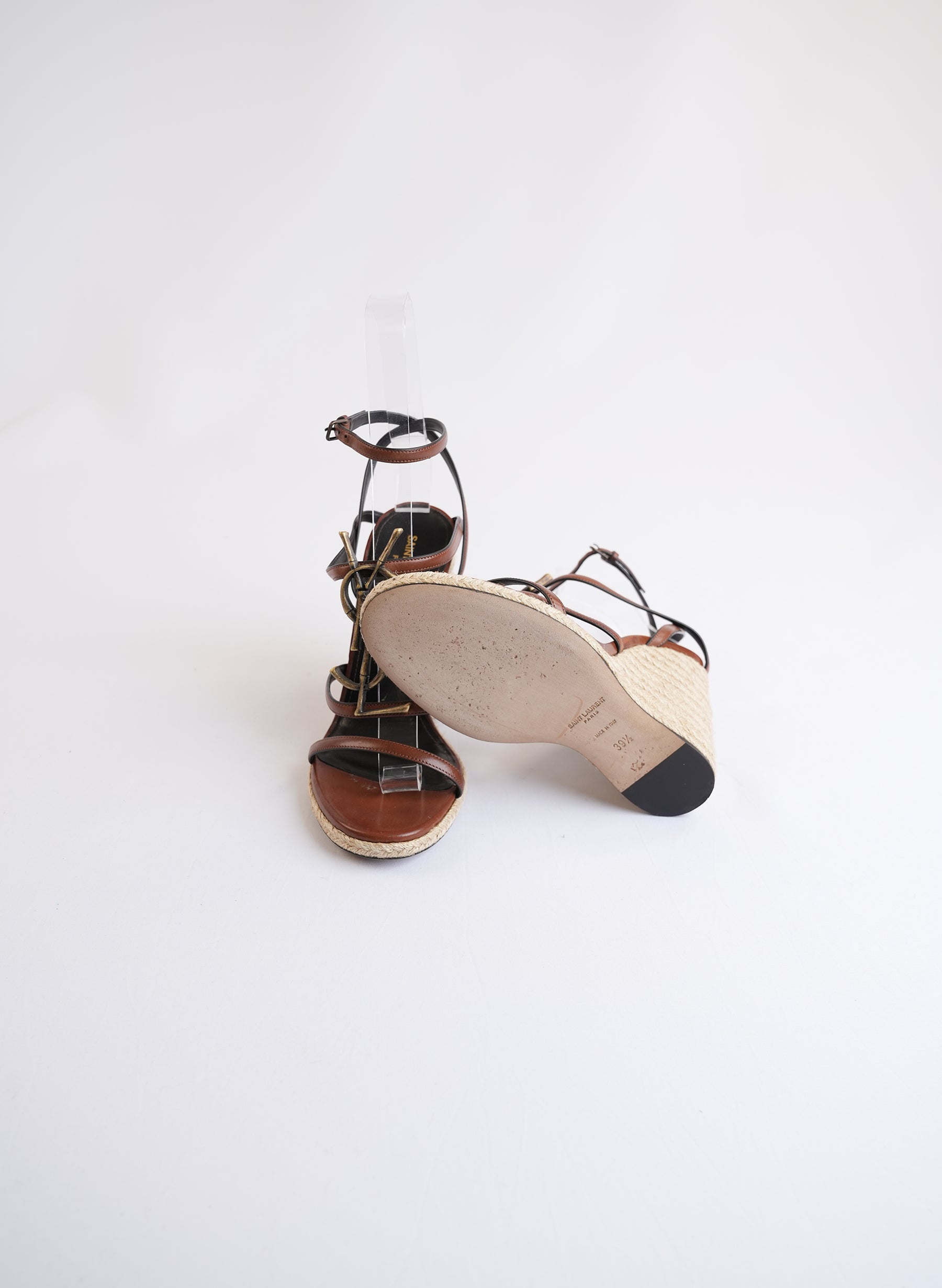 Saint Laurent Cassandra Brown Wedge Sandals With Gold YSL Logo
