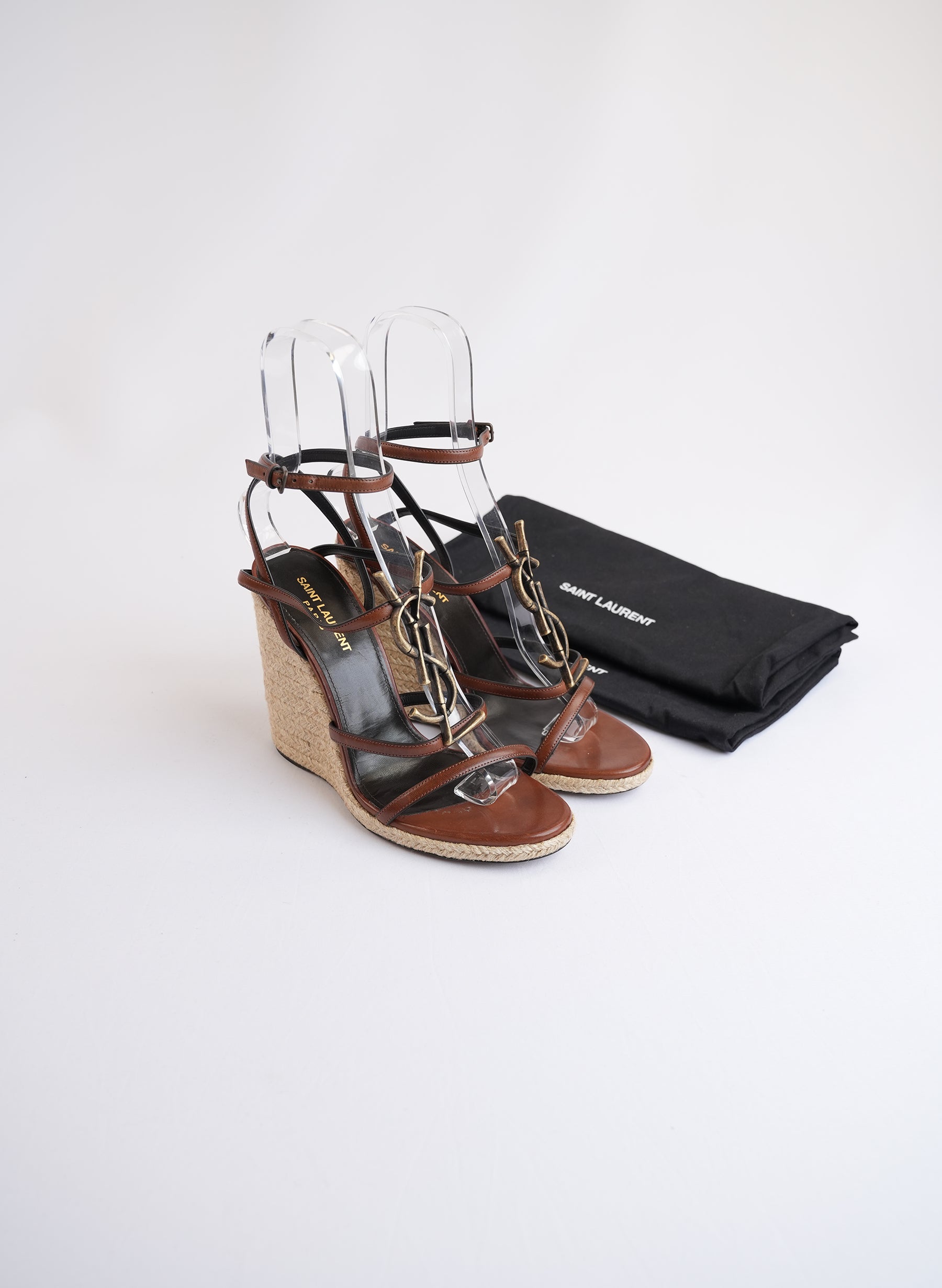 Saint Laurent Cassandra Brown Wedge Sandals With Gold YSL Logo