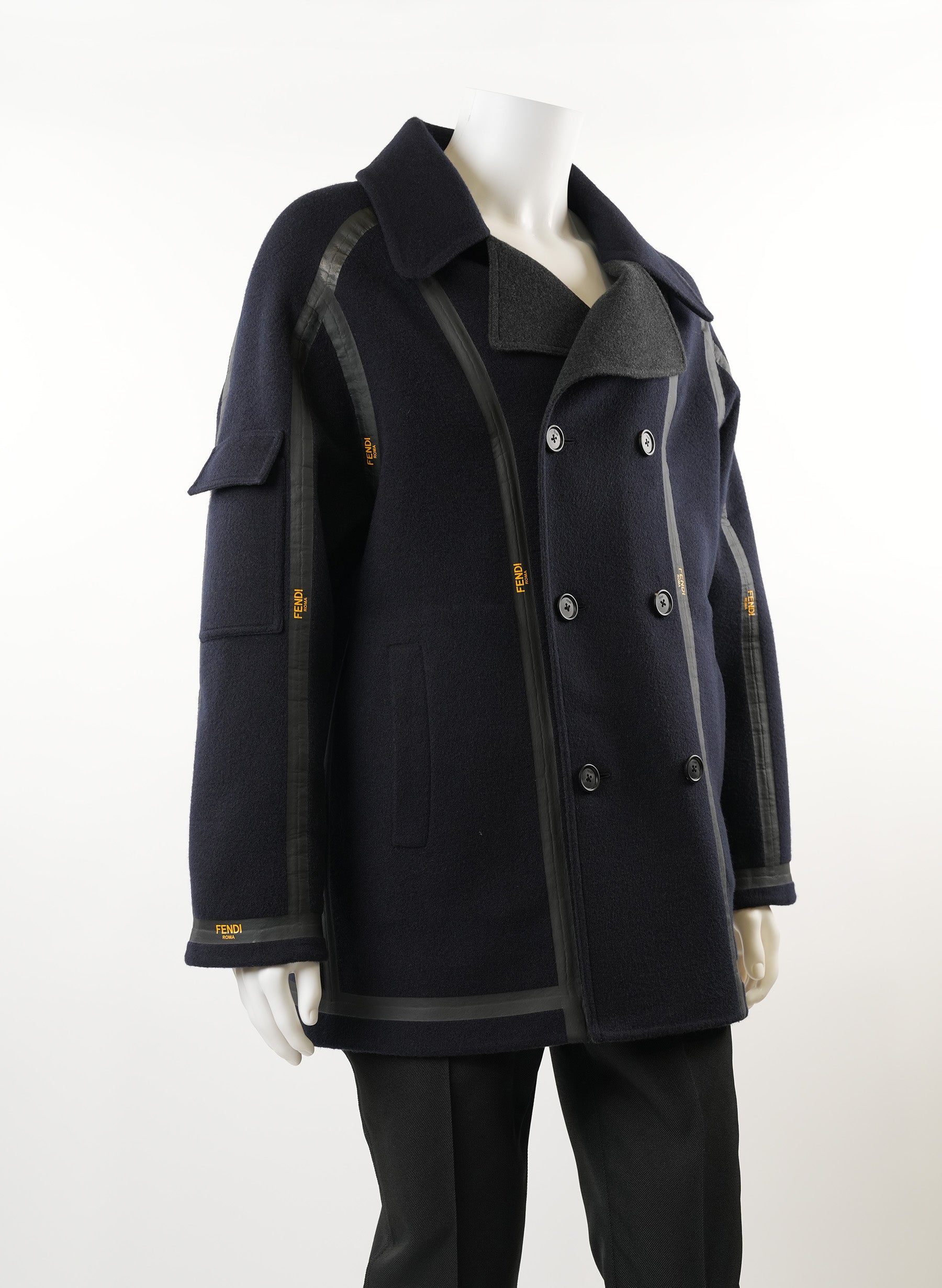 Fendi Logo Leather Trimmed Double Breasted Coat