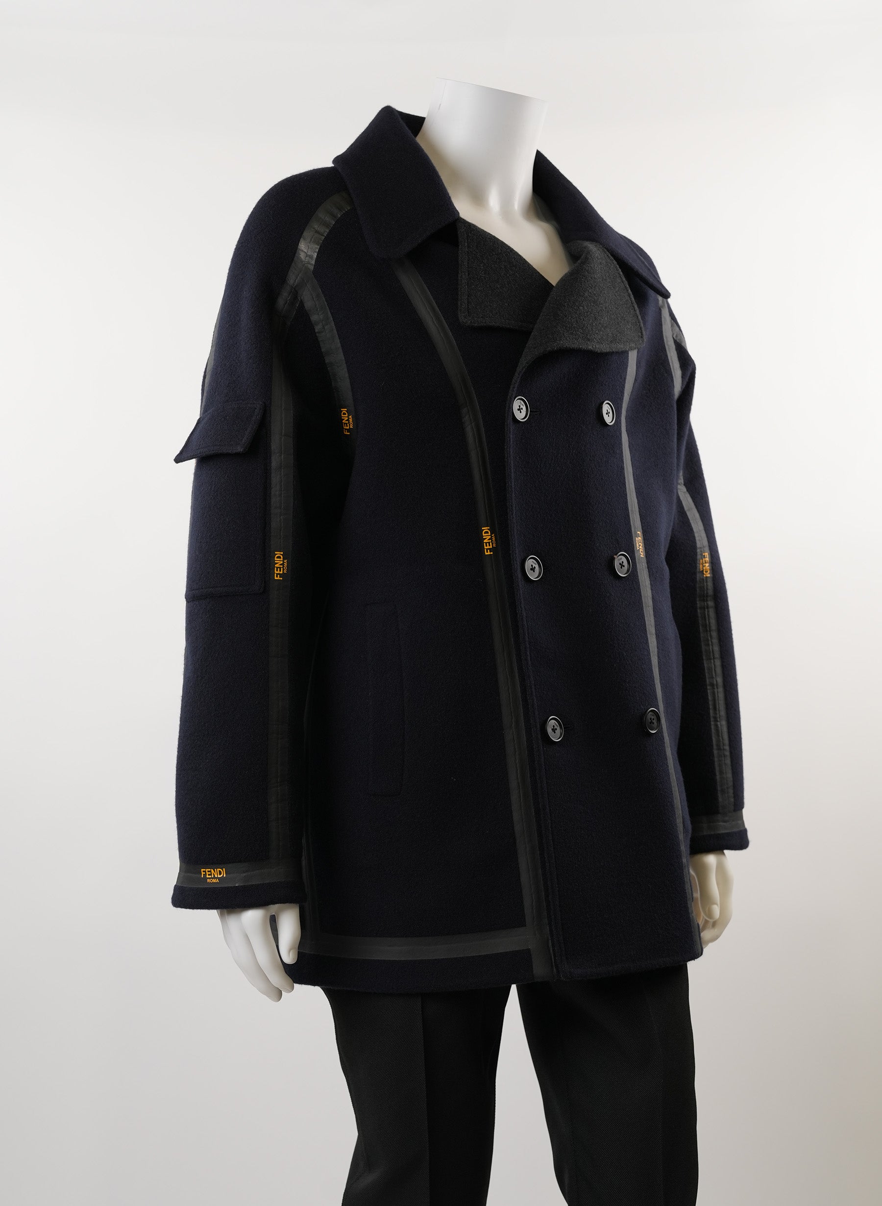 Fendi Logo Leather Trimmed Double Breasted Coat