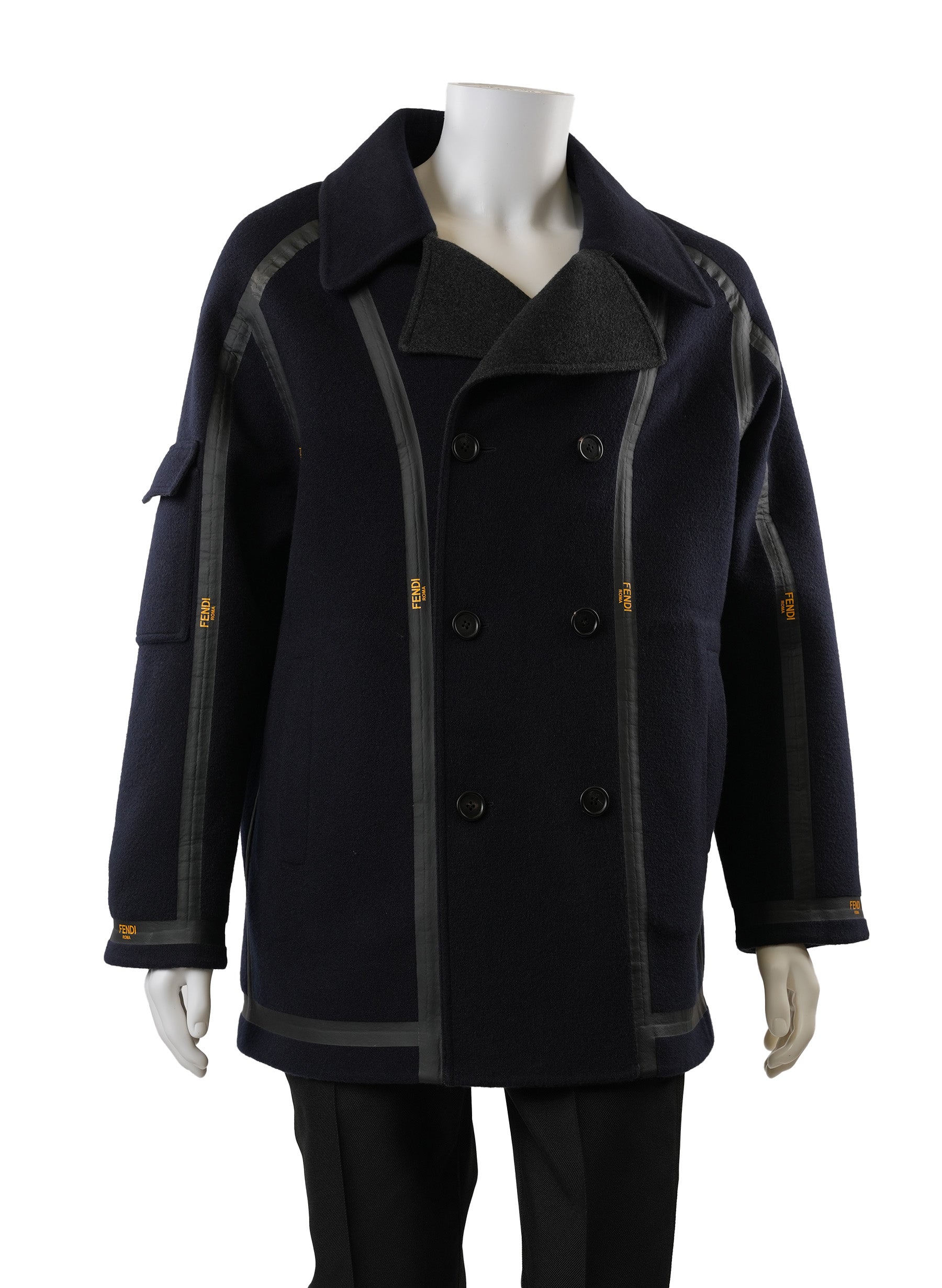 Fendi Logo Leather Trimmed Double Breasted Coat