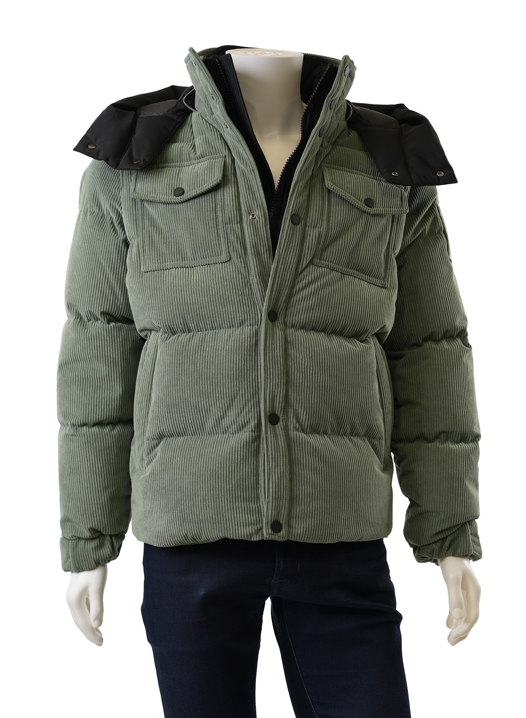 Moose Knuckle Padded Hooded Corduroy Jacket in Green