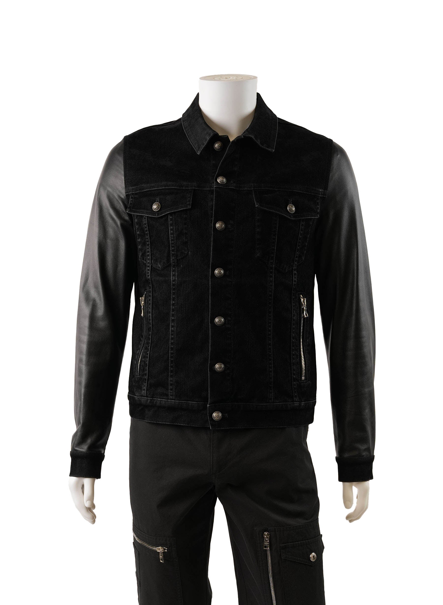 Balmain Slim-Fit Logo-Print Denim and Leather Jacket