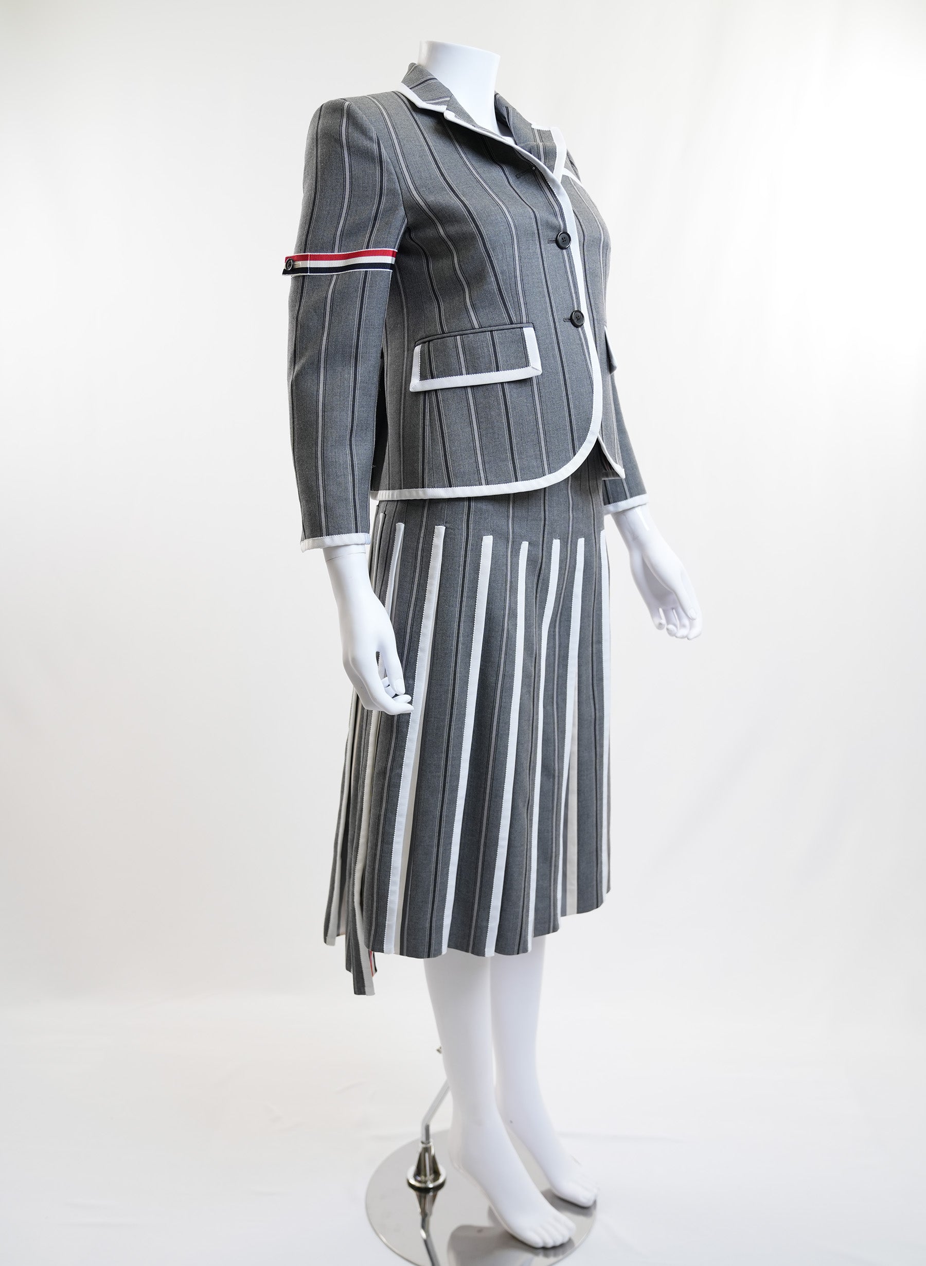 Thom Browne Grey Striped Wool Single Breasted Jacket And Skirt